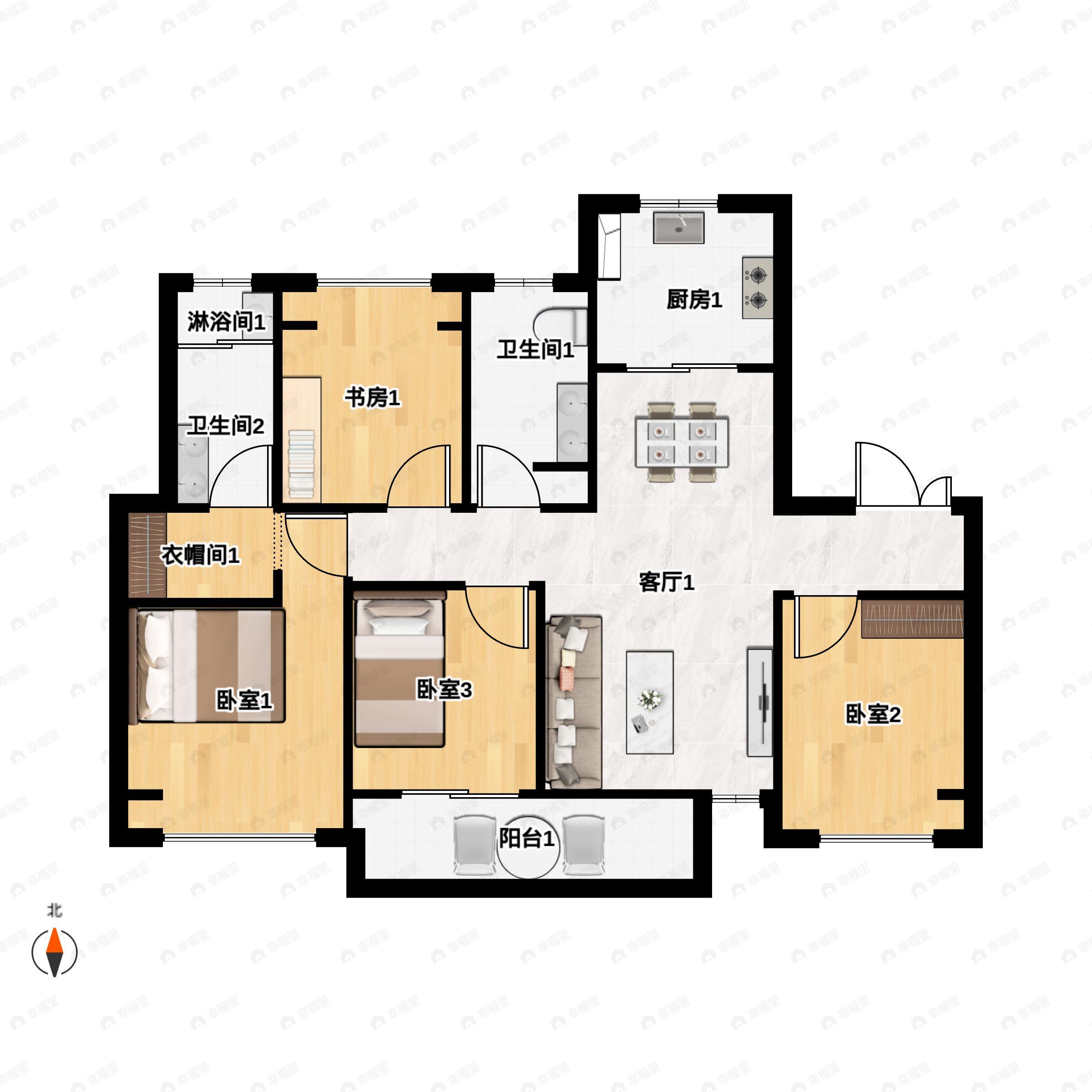 4室2厅2卫建面128平南|北户型图