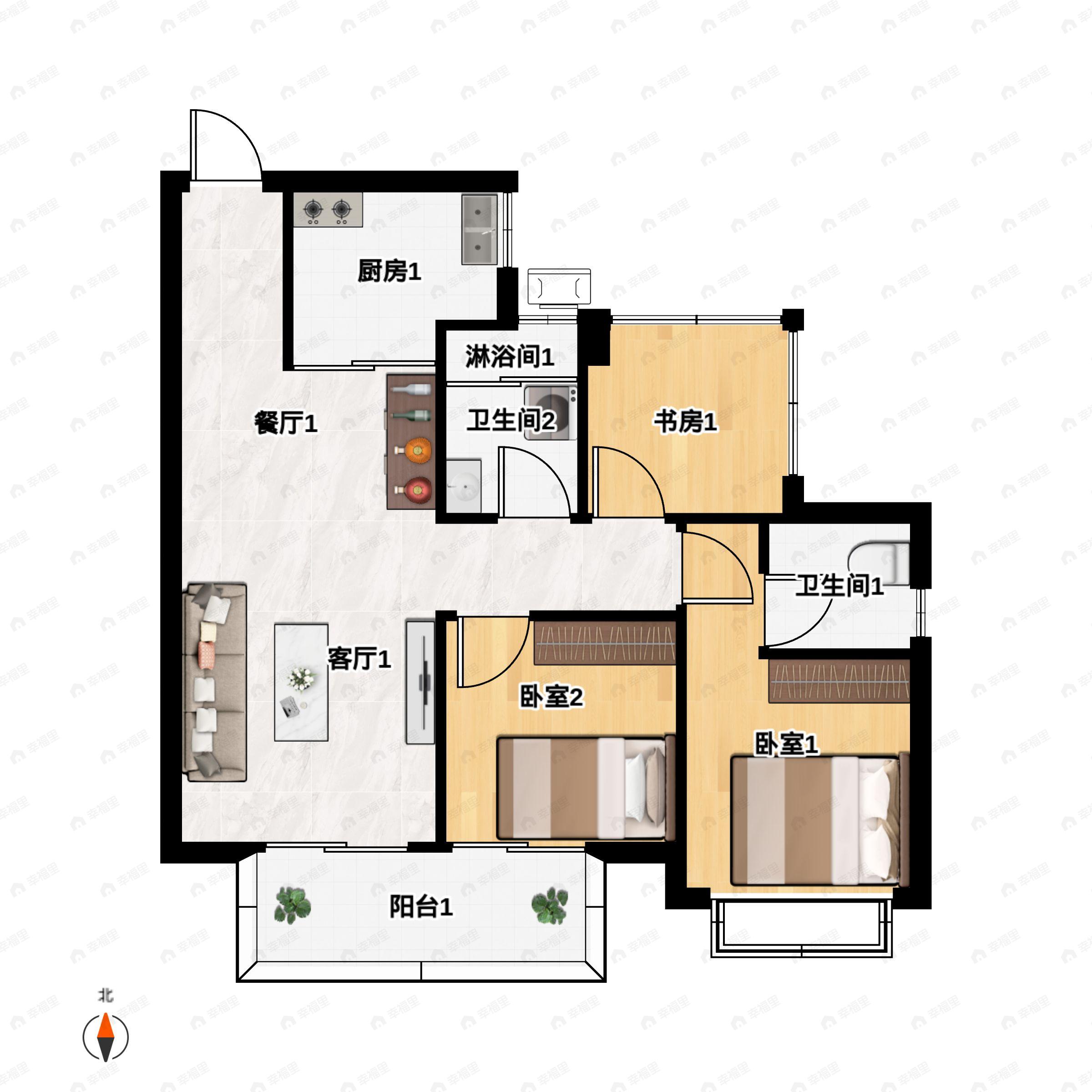 3室2厅2卫建面85平户型图