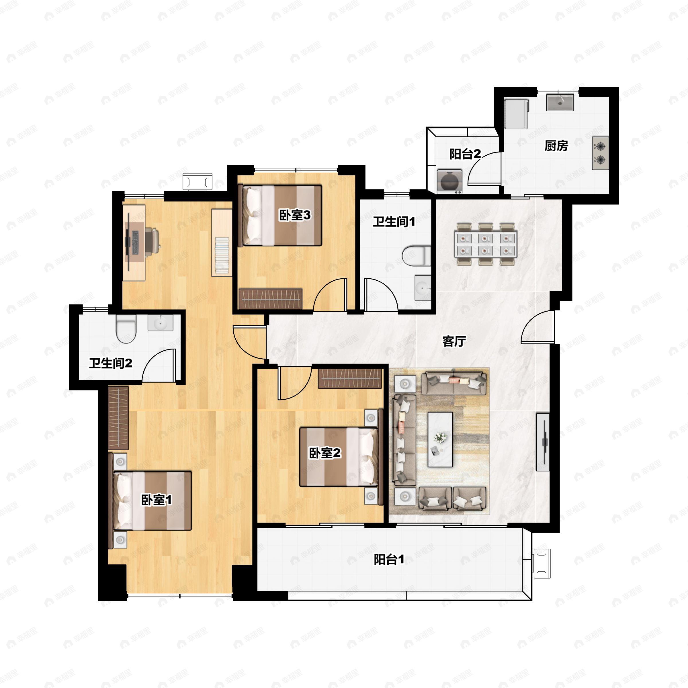 3室2厅2卫建面104平户型图