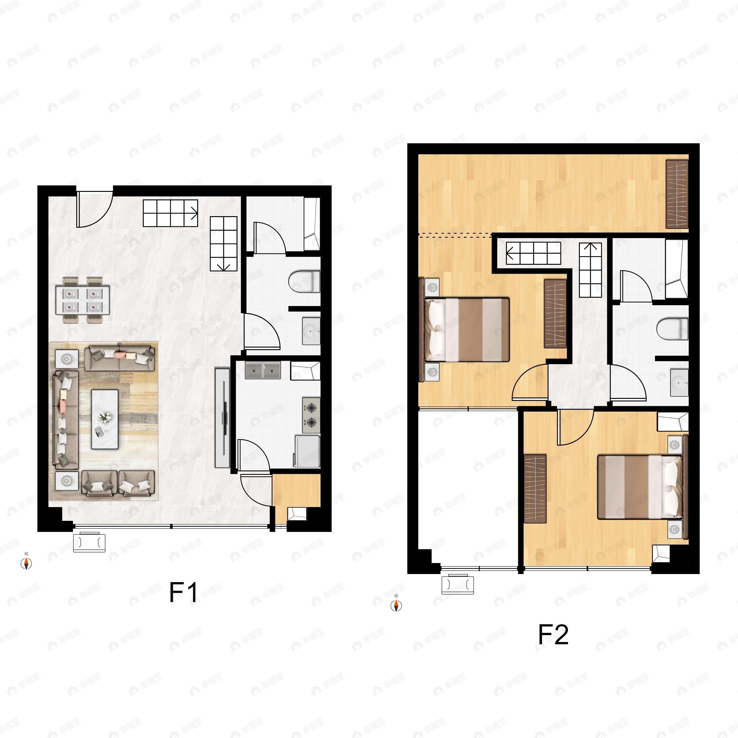 2室2厅2卫建面66平北|南户型图