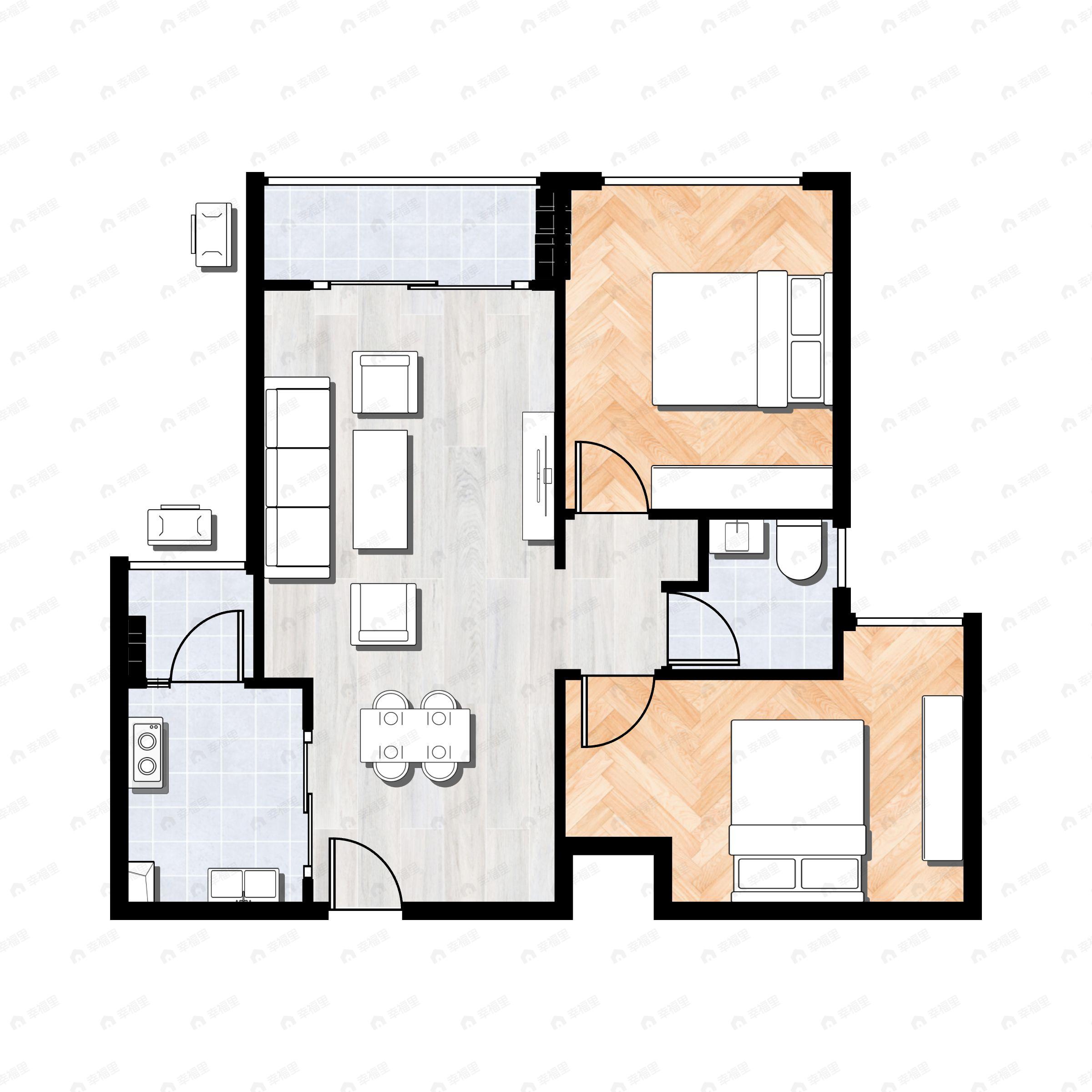 2室2厅1卫建面76m²东户型图