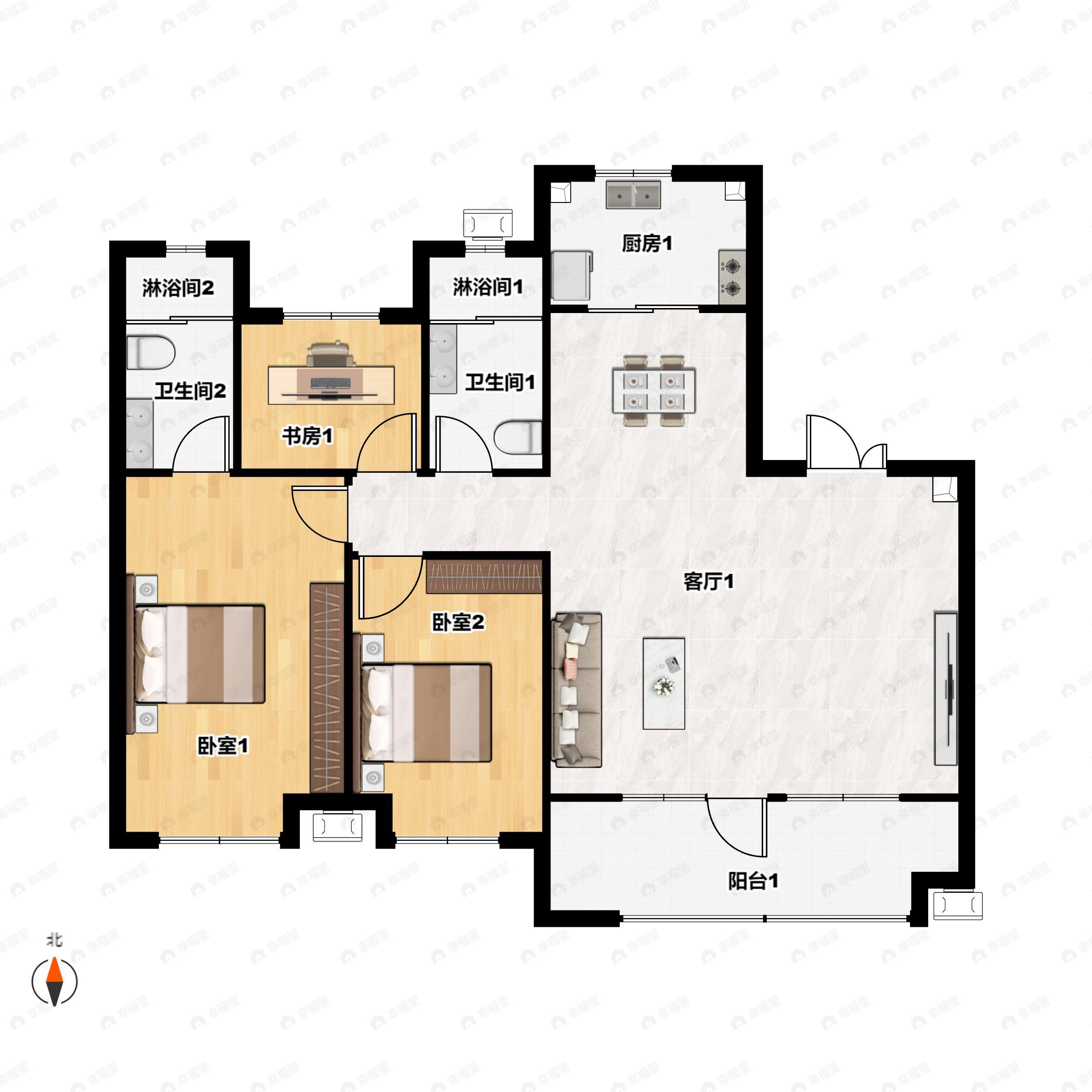 3室2厅2卫建面125平户型图