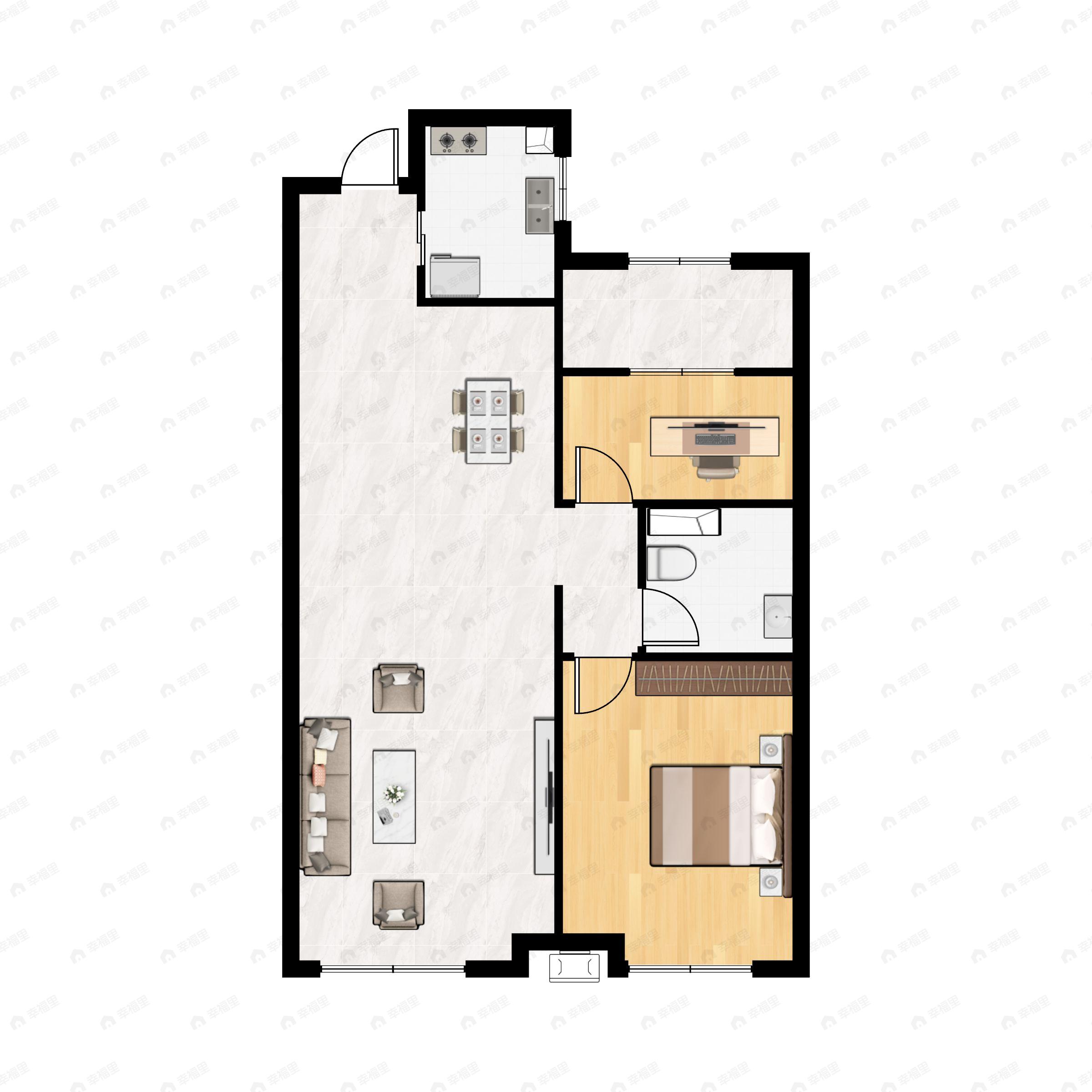2室2厅1卫建面90m²南户型图
