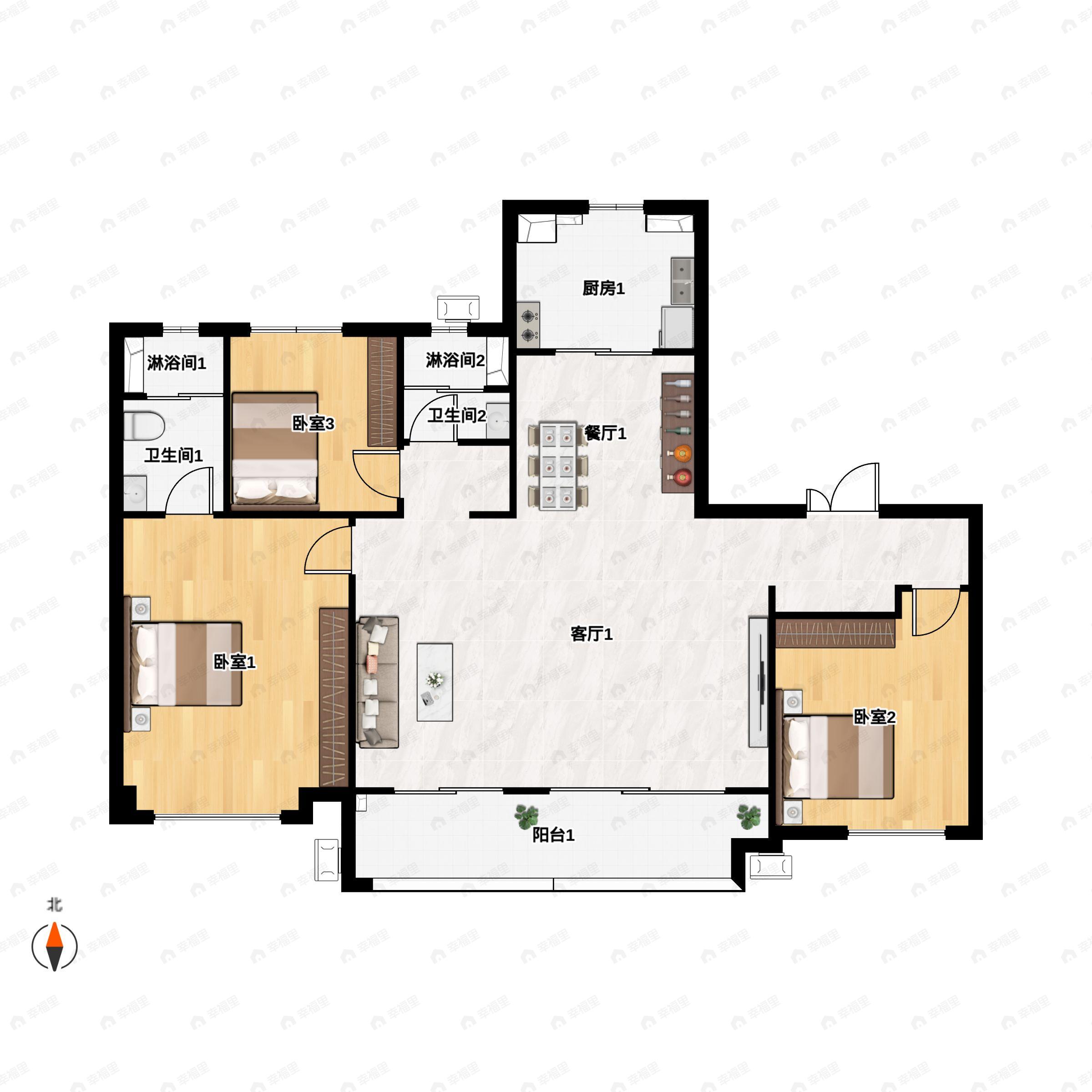 4室2厅2卫建面142平南|北户型图