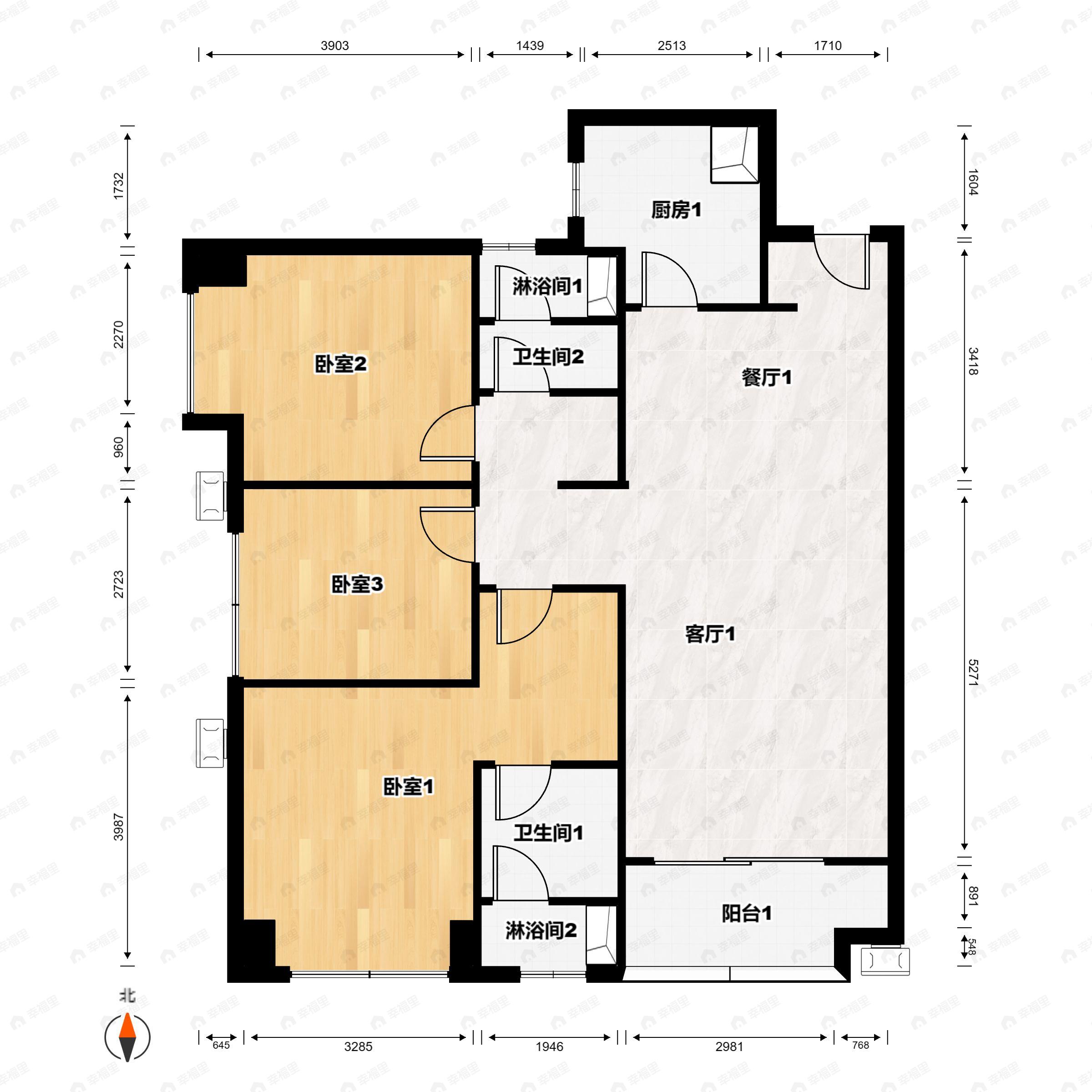 3室2厅2卫建面96平南|西户型图