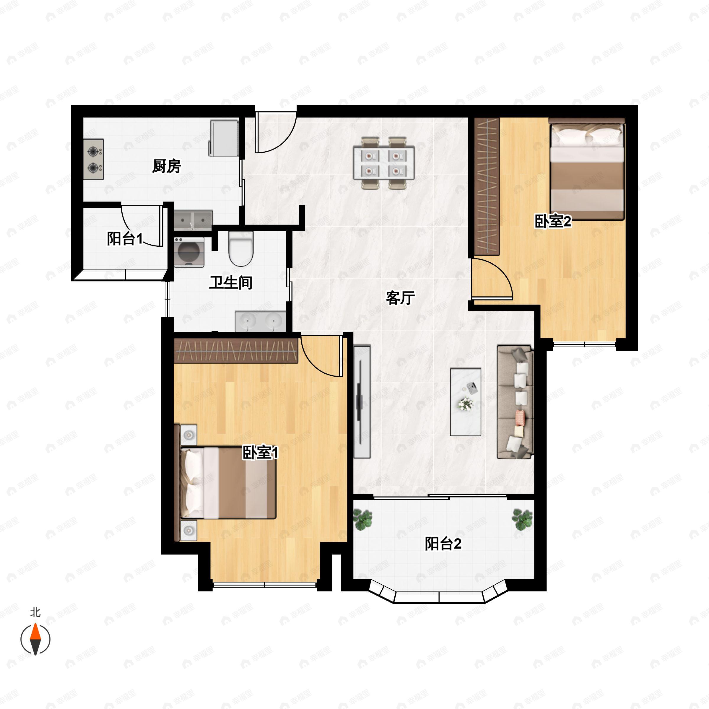 2室2厅1卫建面95m²南户型图