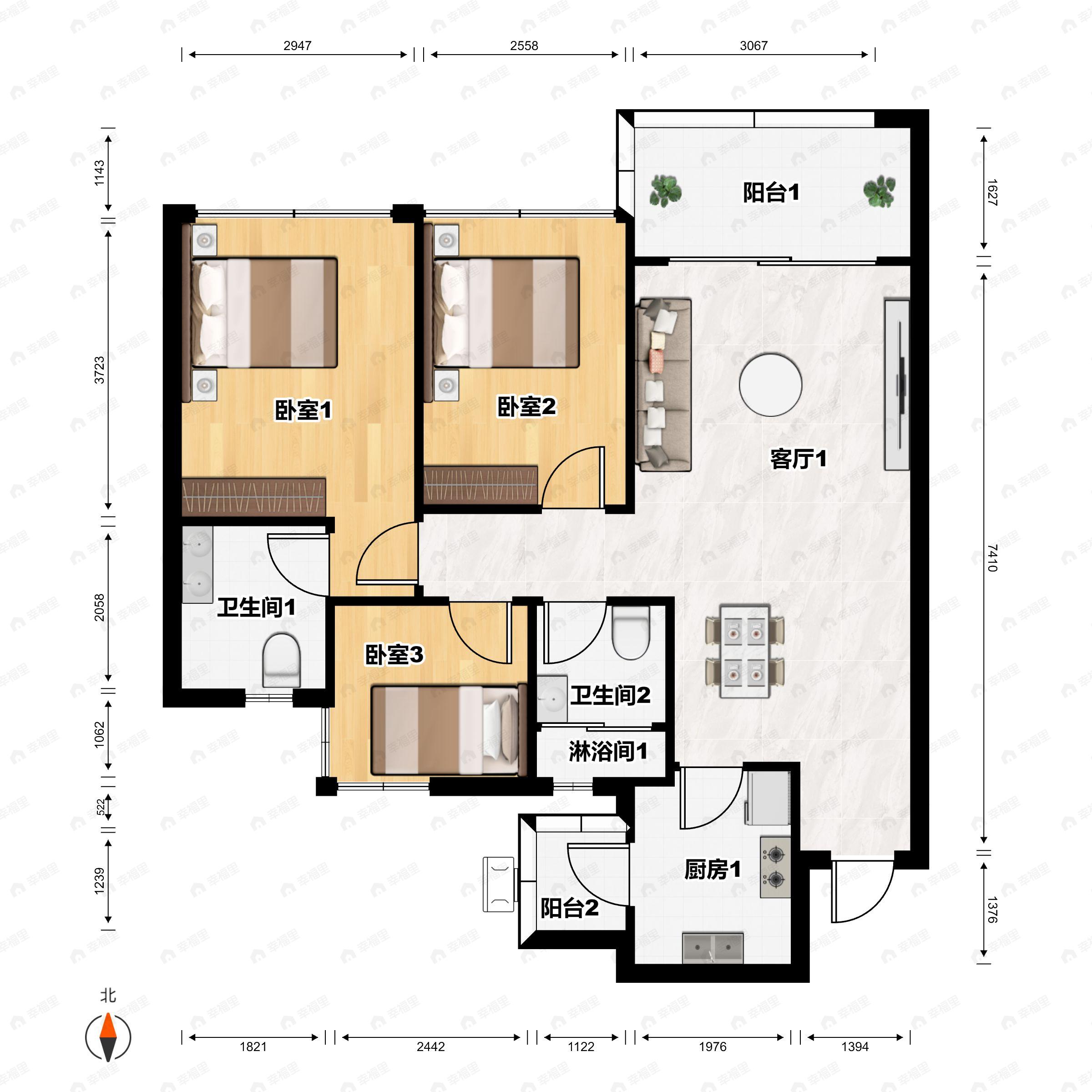 3室2厅2卫建面88平户型图