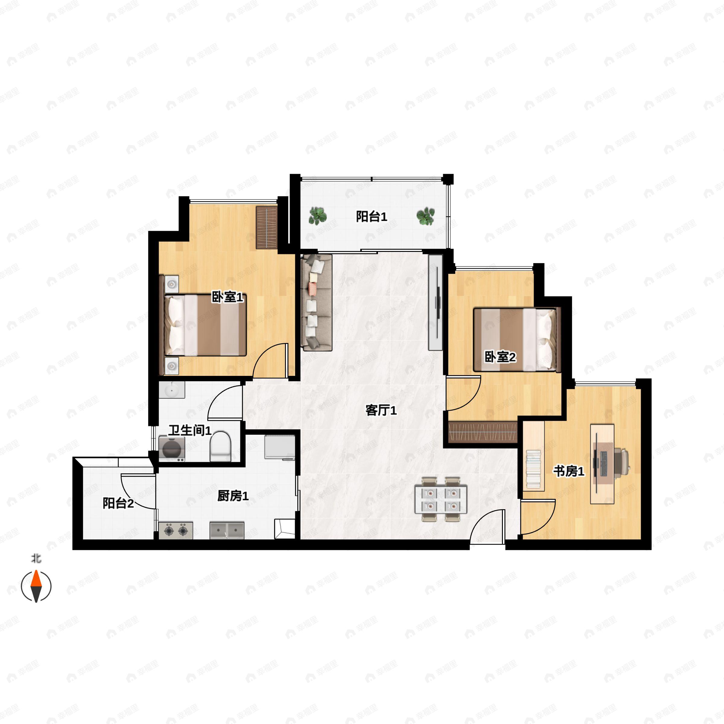 3室2厅1卫建面85m²西南|西北户型图