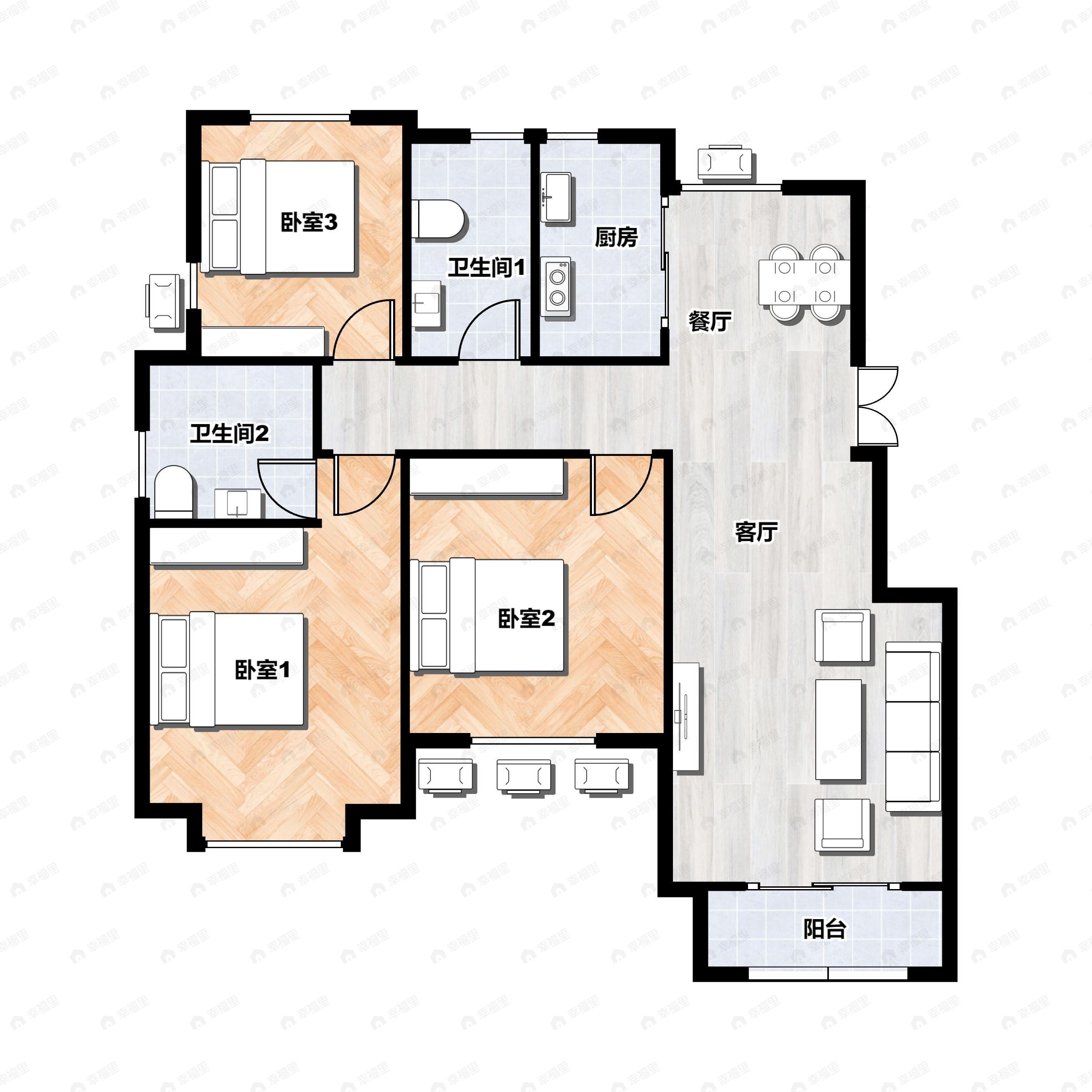 3室2厅2卫建面123平北|南户型图