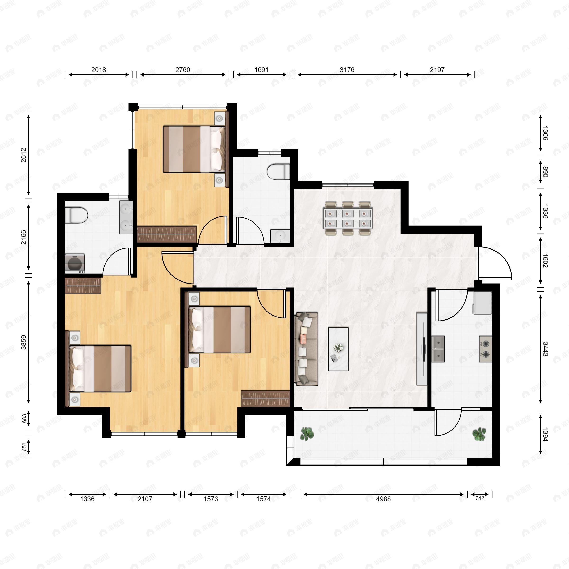 3室2厅2卫建面104平户型图