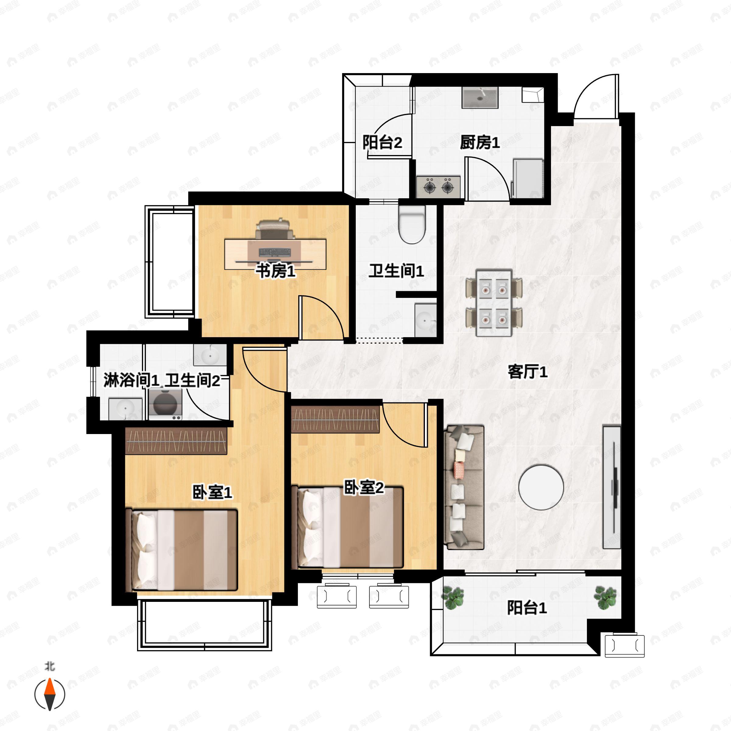 3室2厅2卫建面105平户型图