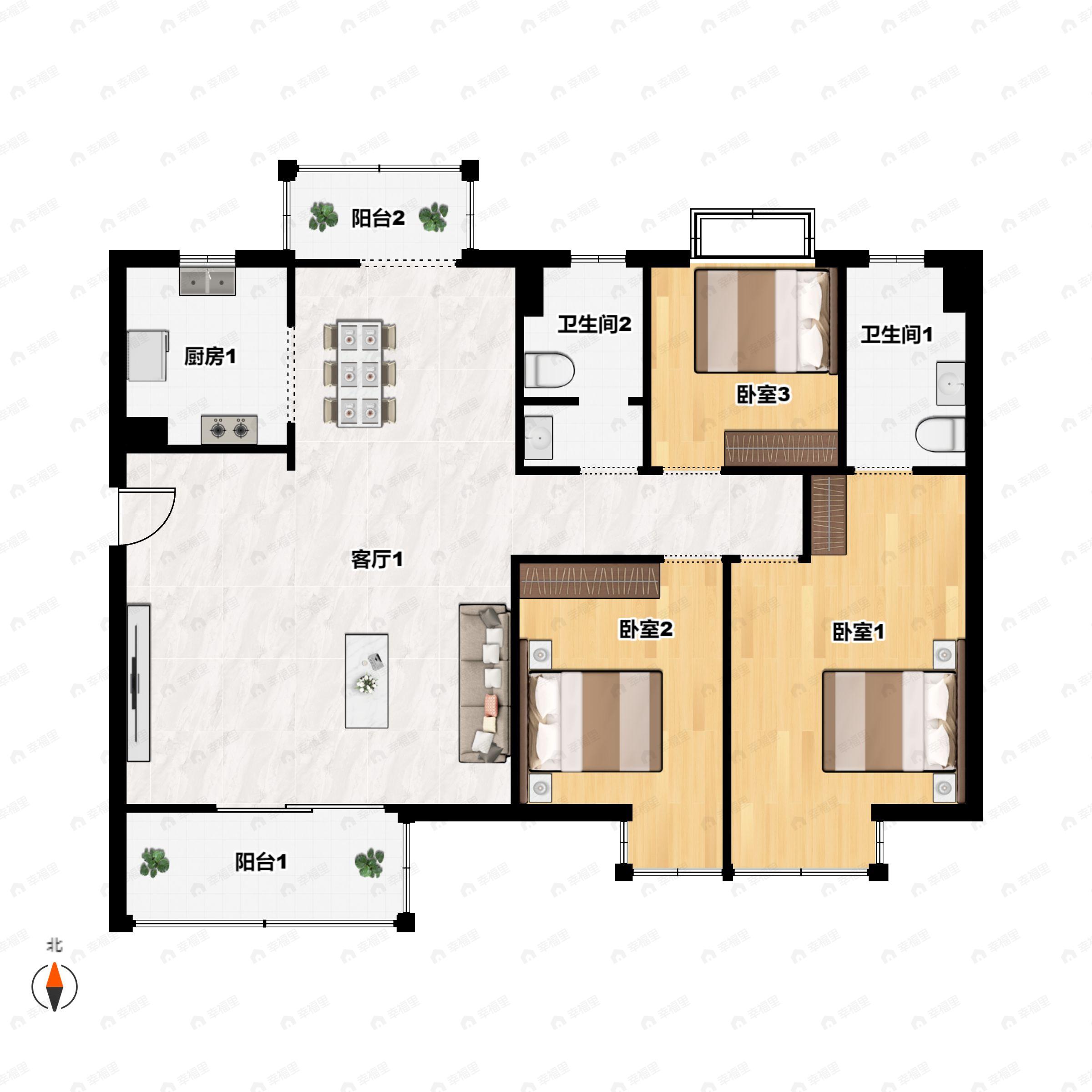 3室2厅2卫建面128m²南户型图