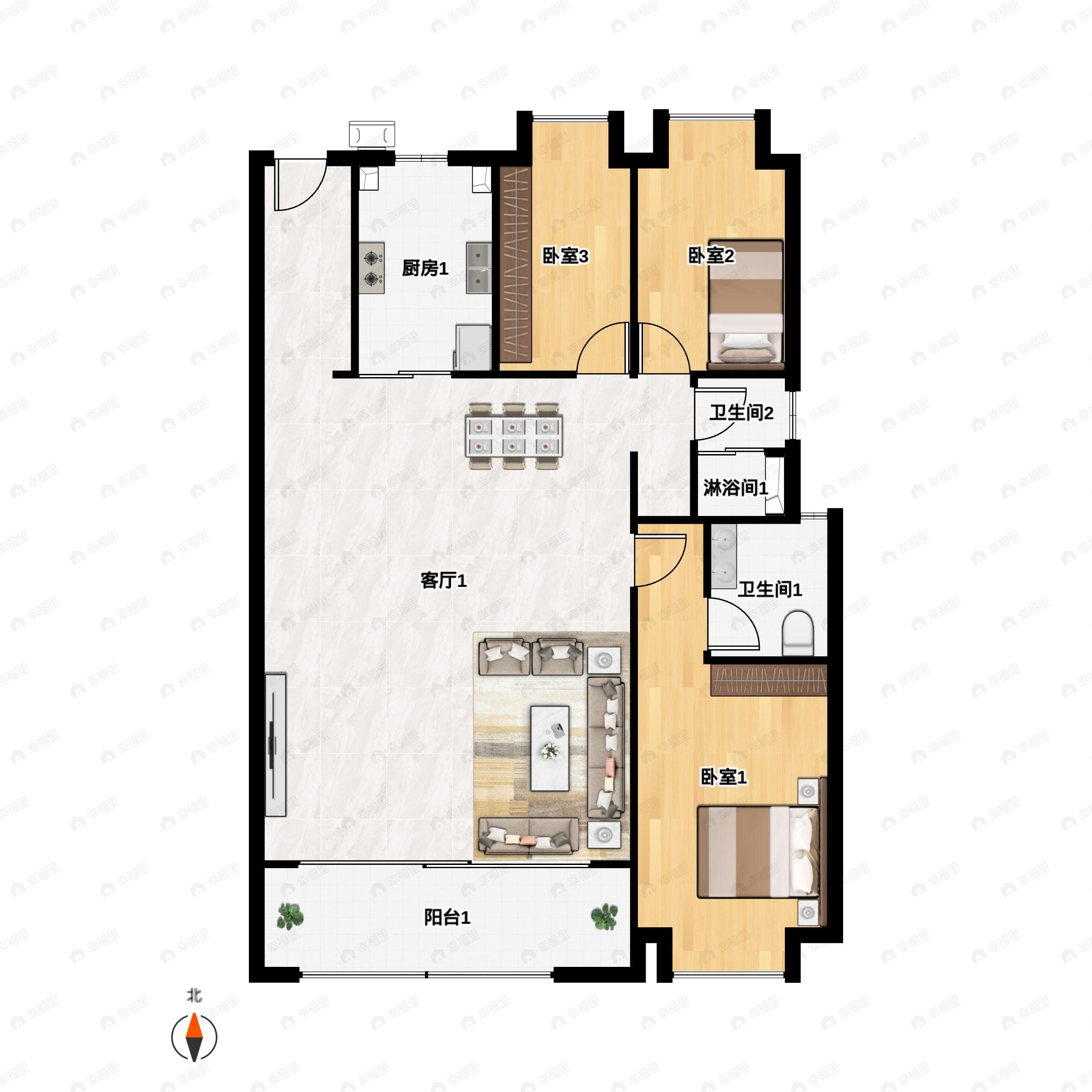 3室2厅2卫建面132平户型图