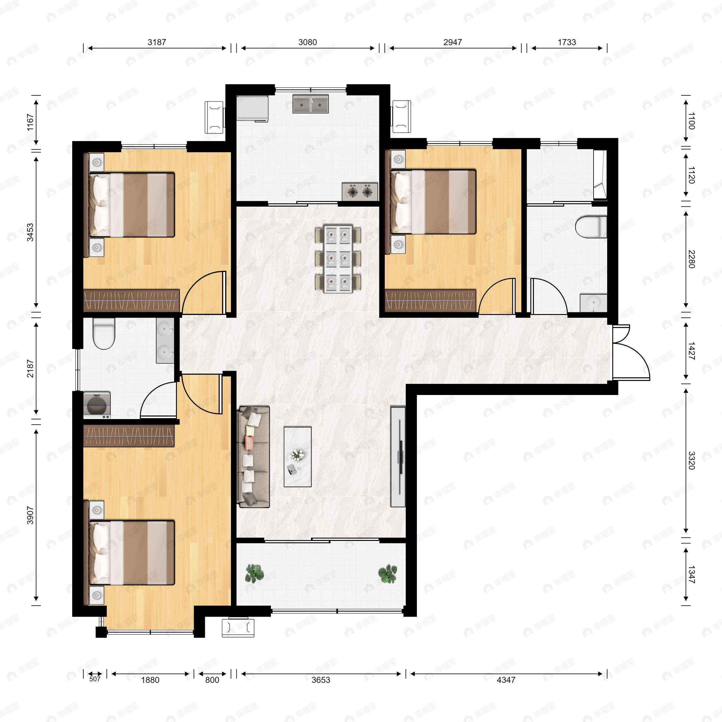 3室2厅2卫建面120平南户型图
