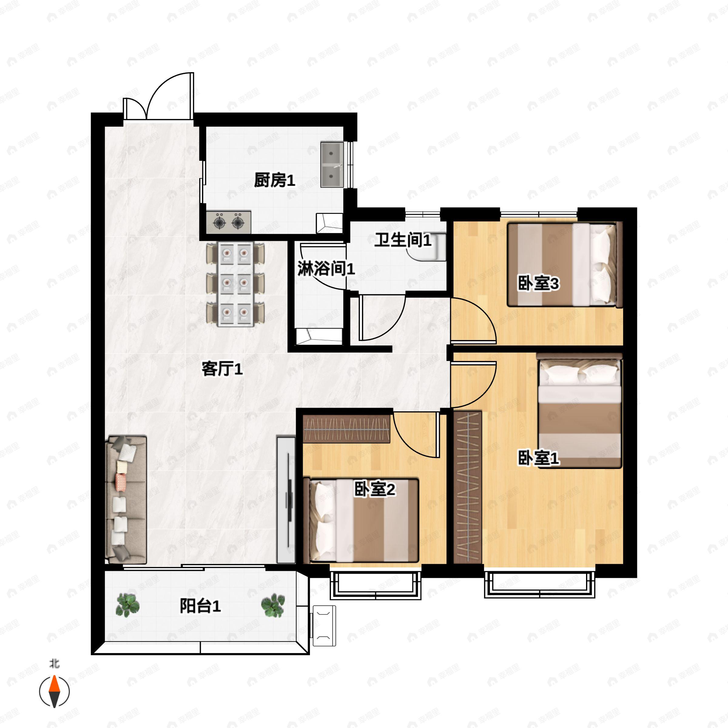 3室2厅1卫建面108平户型图