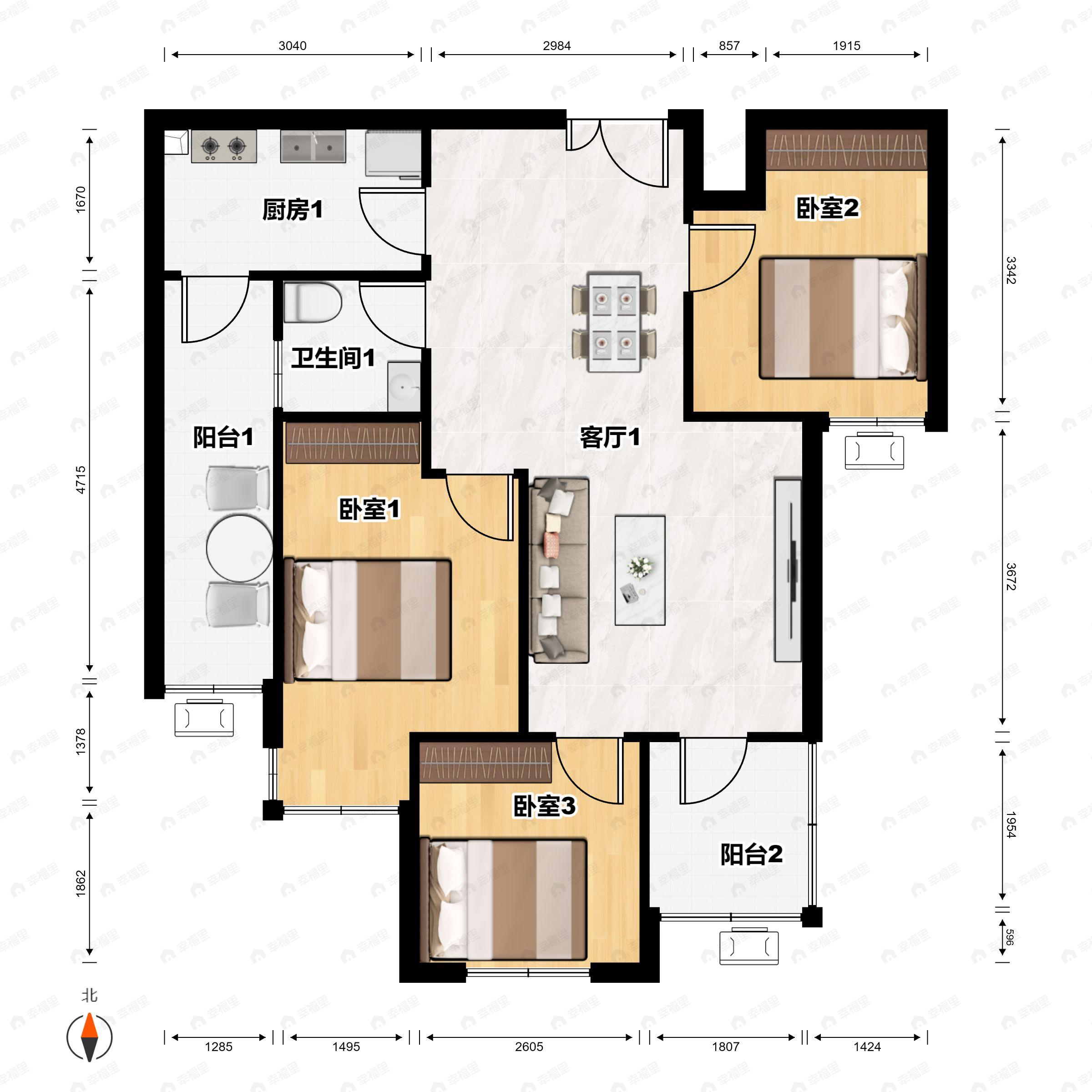 3室2厅1卫建面82平户型图
