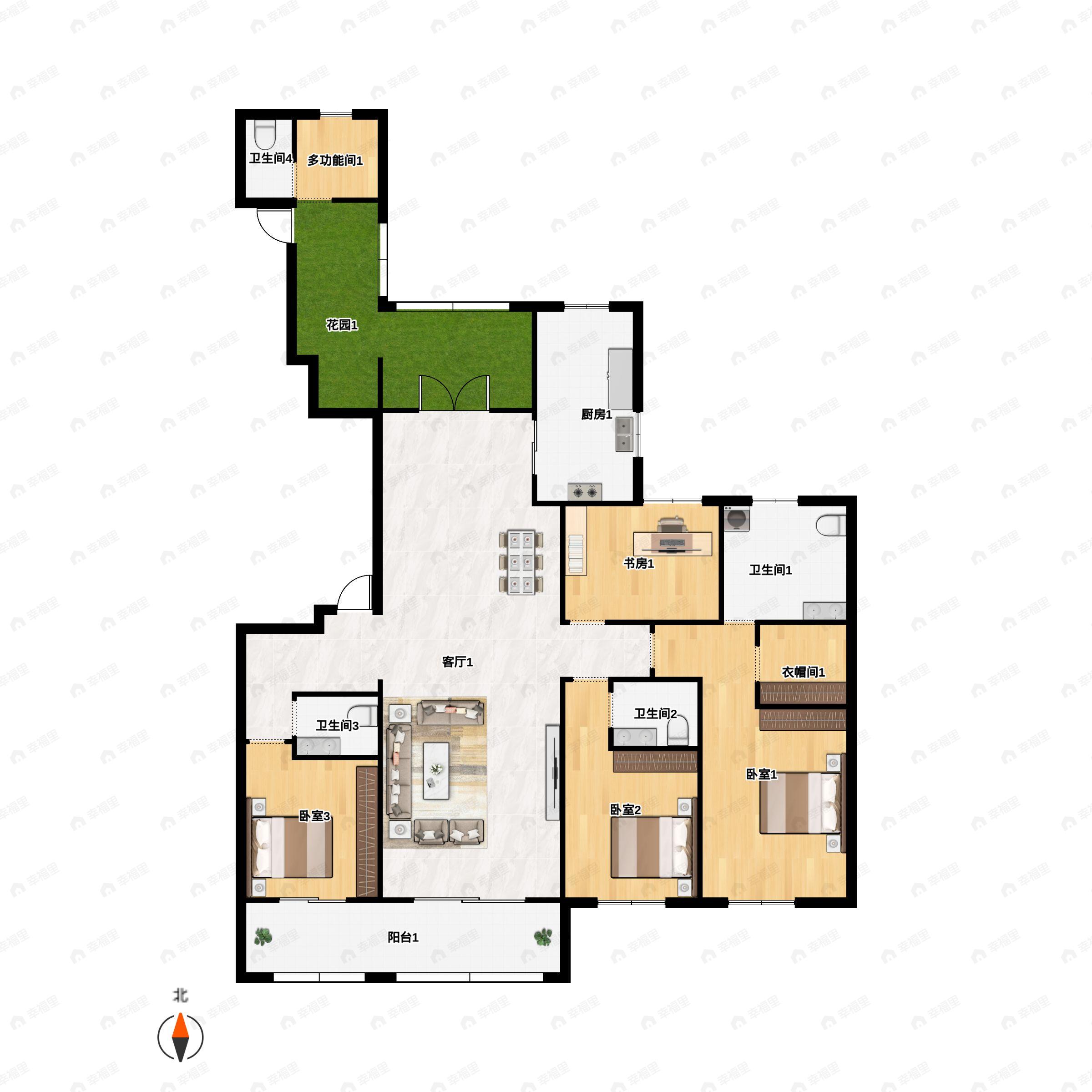 4室2厅4卫建面231m²南|北户型图