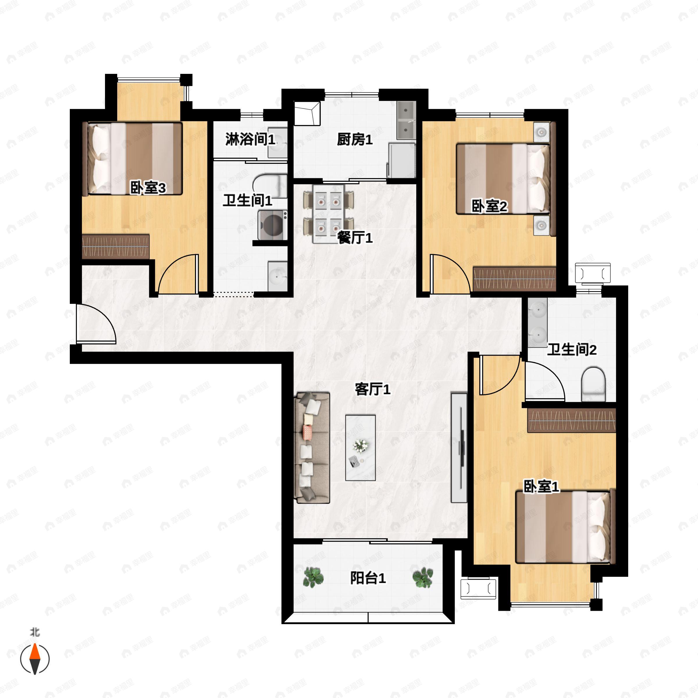 3室2厅2卫建面113m²北|南户型图