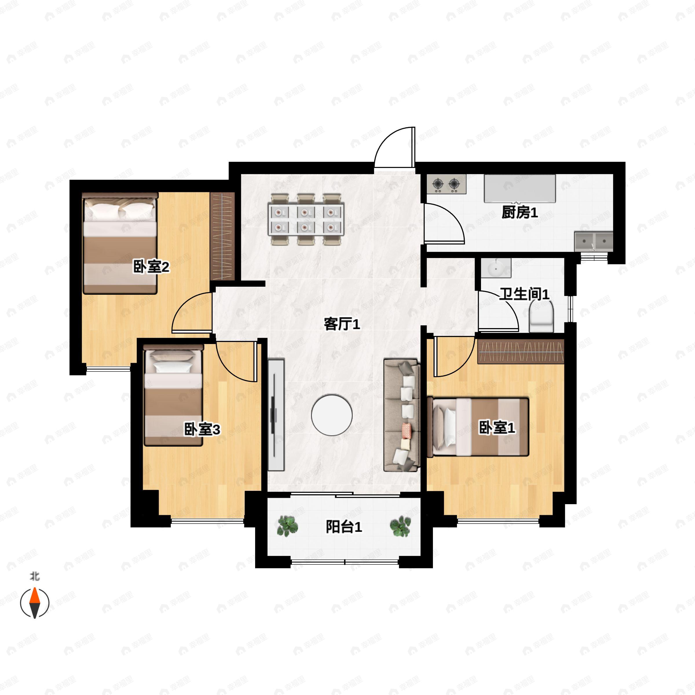 3室2厅1卫建面98m²南户型图
