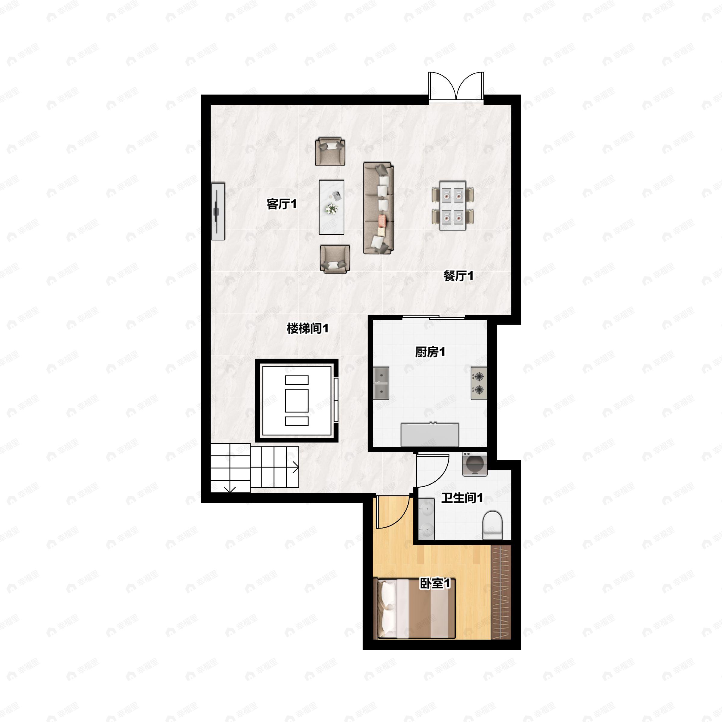 1室2厅1卫建面107m²南户型图