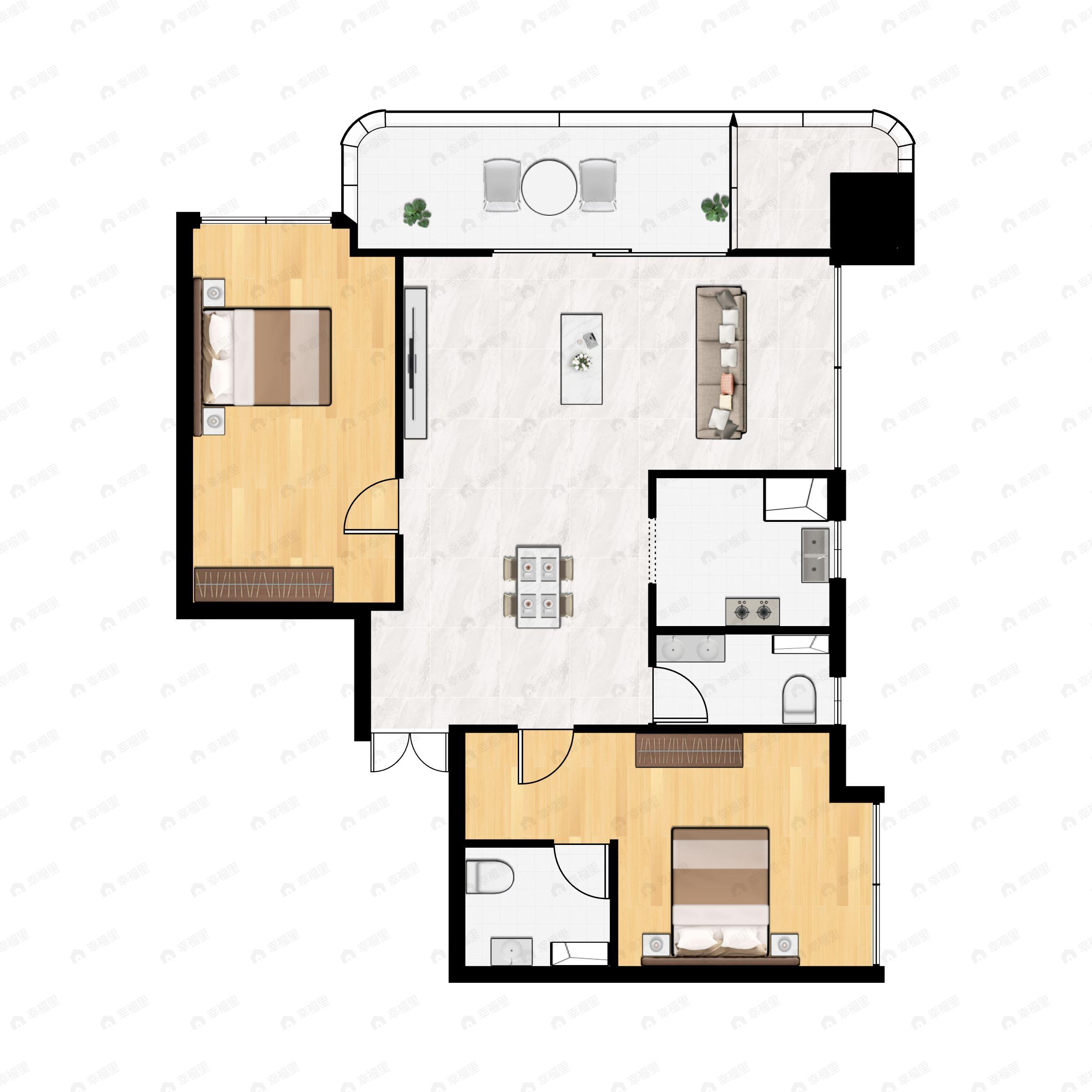2室2厅2卫建面136m²南|北户型图