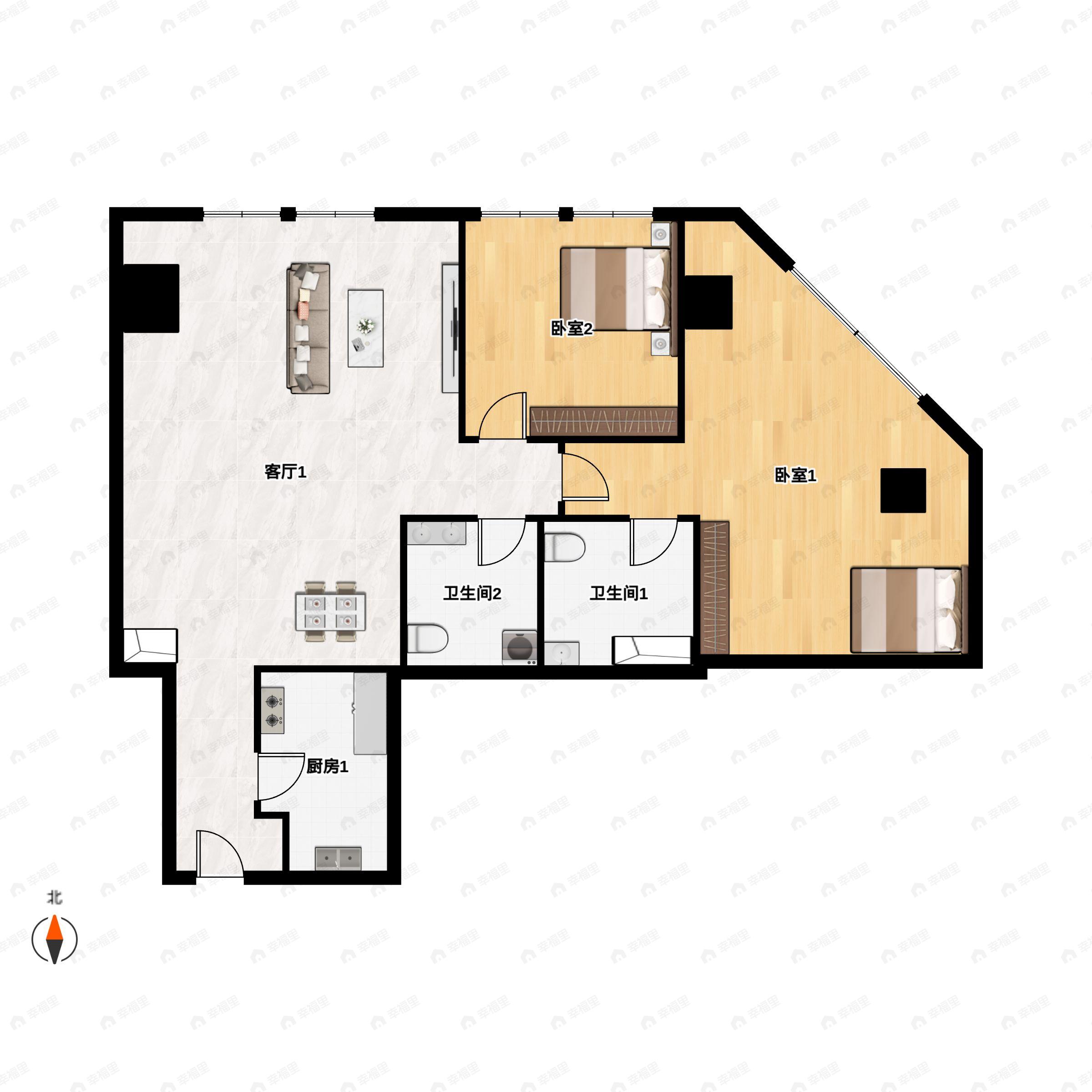 2室2厅2卫建面113平户型图
