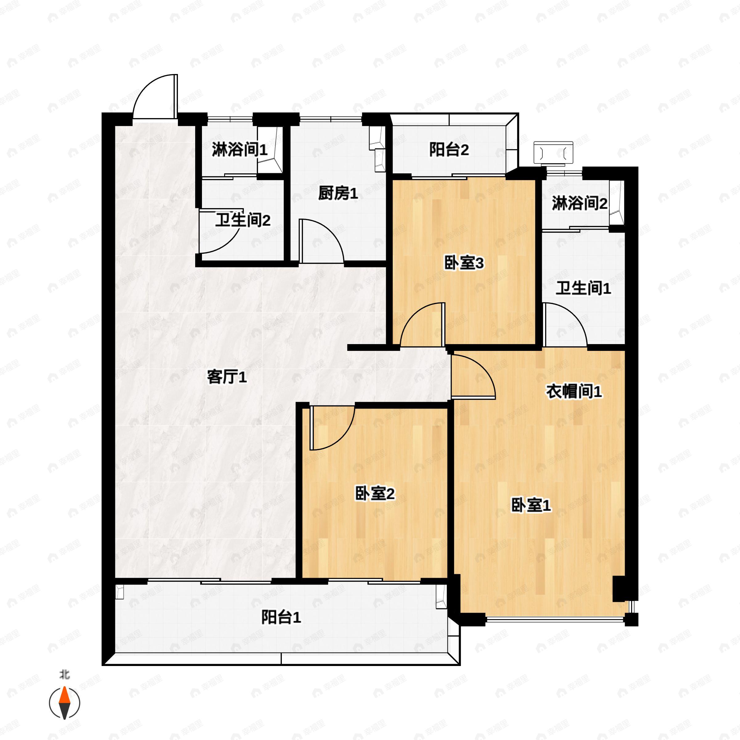 3室2厅2卫建面112m²南|北户型图