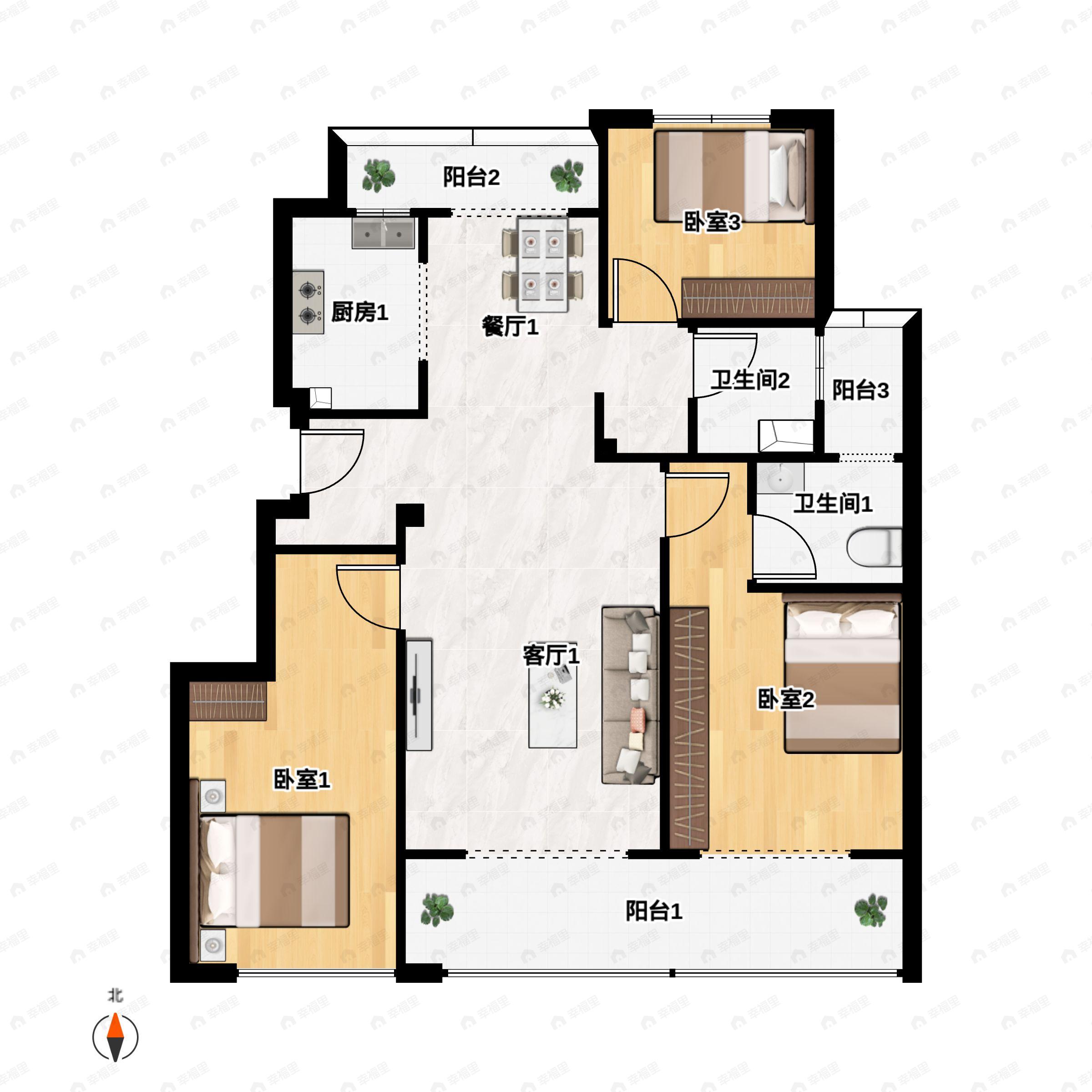 3室2厅2卫建面95平户型图