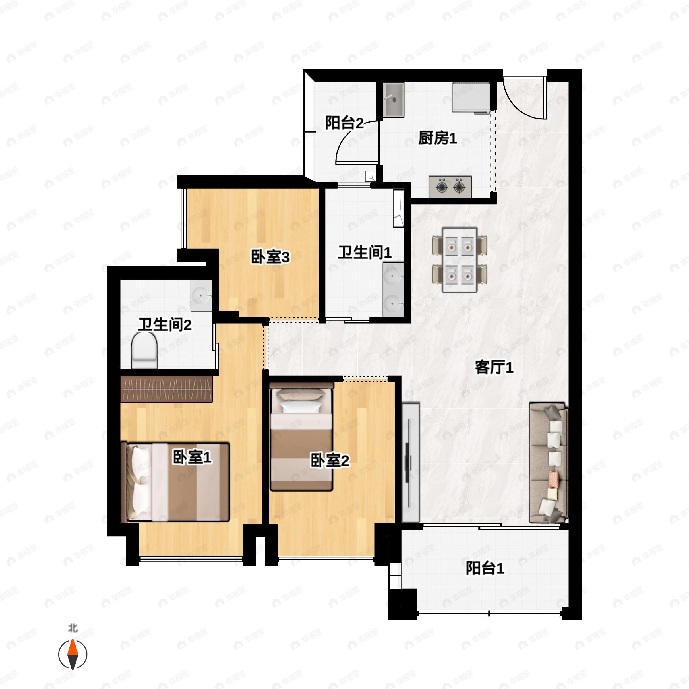 3室2厅2卫建面89平南户型图