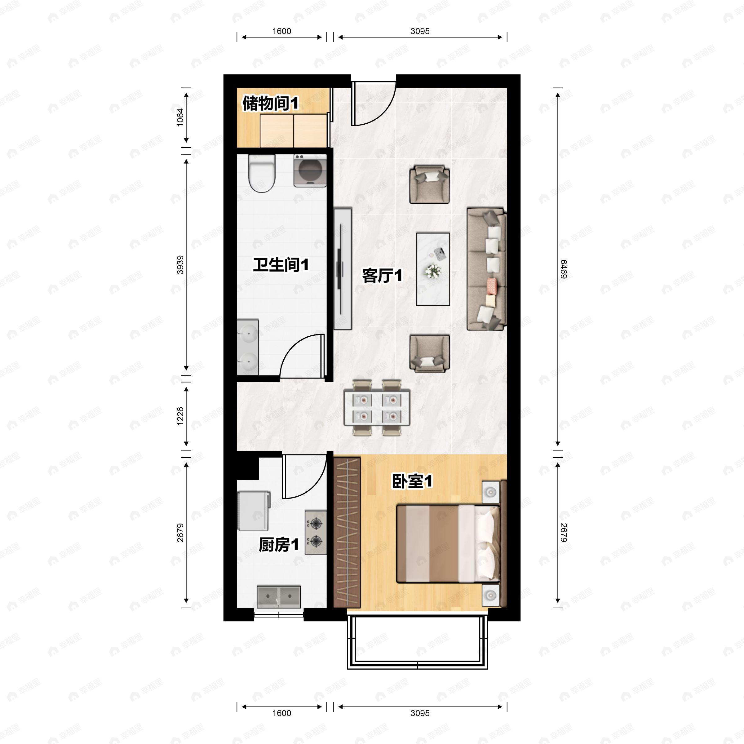 1室1厅1卫建面44平户型图