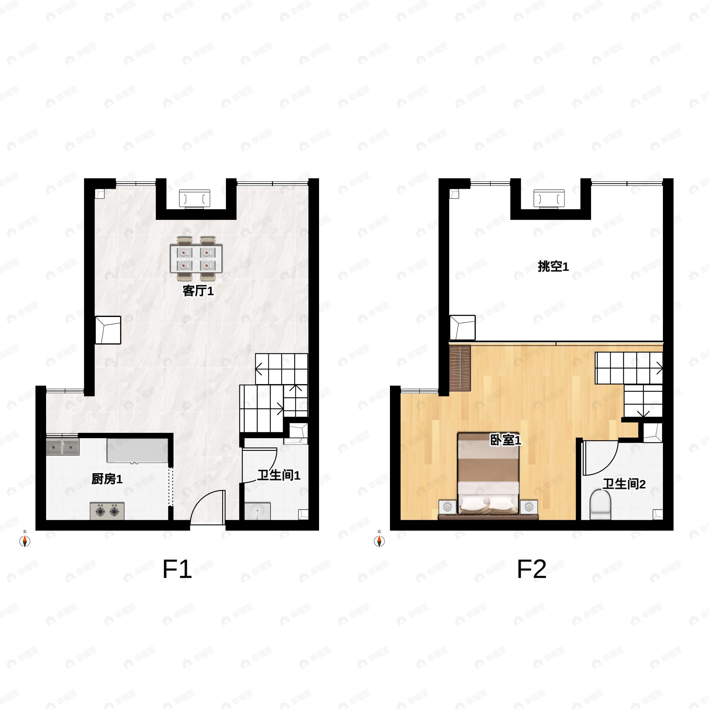 1室2厅2卫建面55平南户型图
