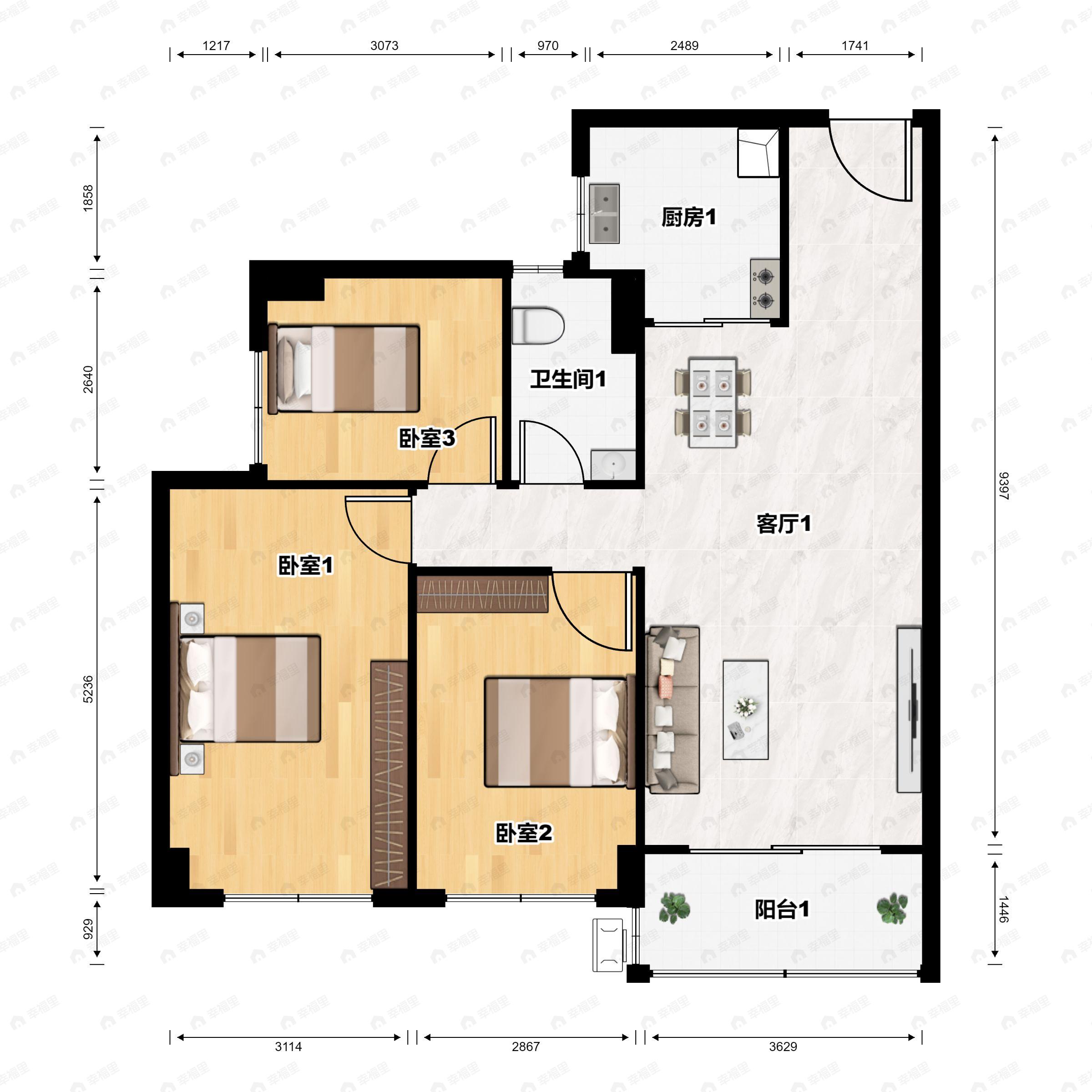 3室2厅1卫建面89平东南户型图