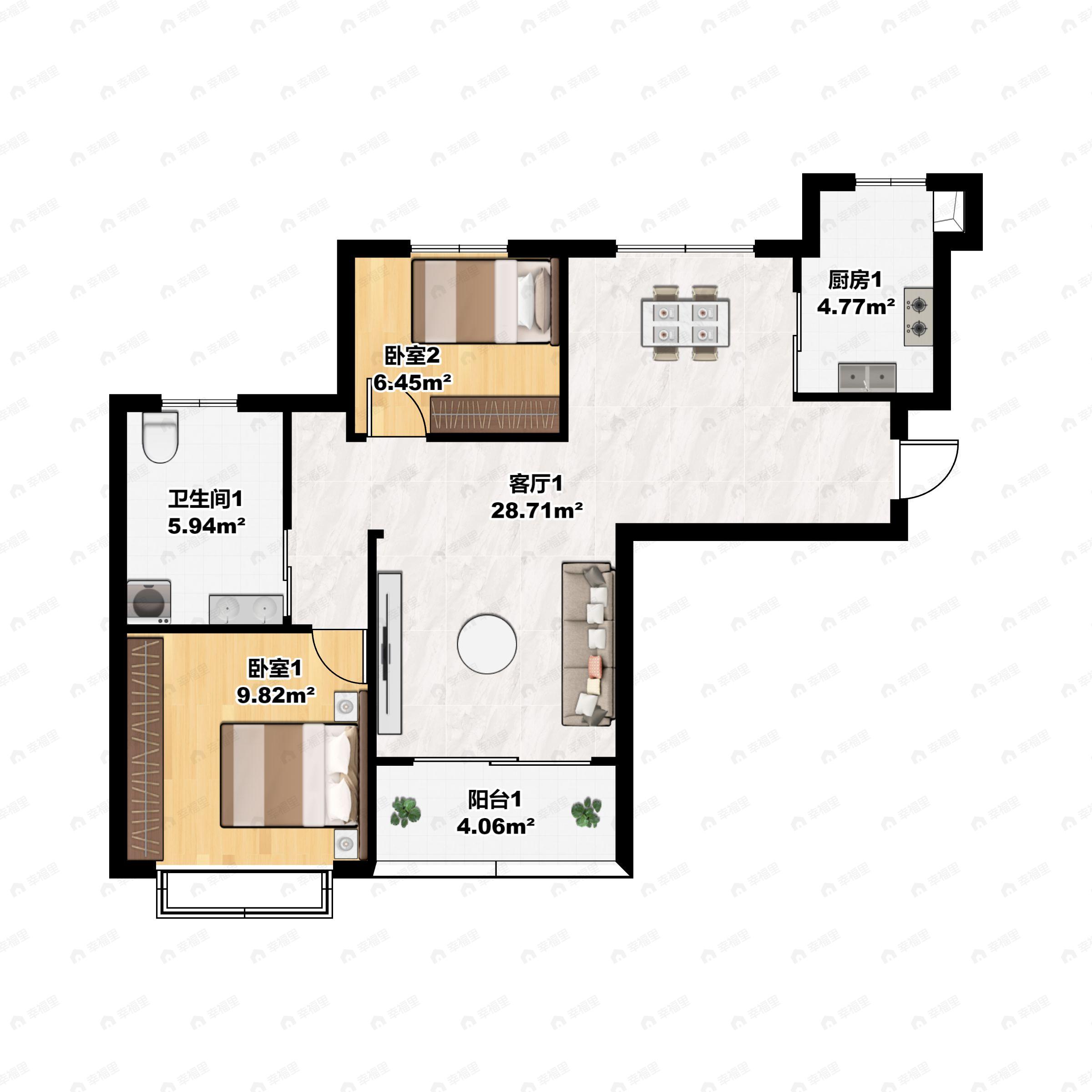 2室2厅1卫建面82m²南户型图