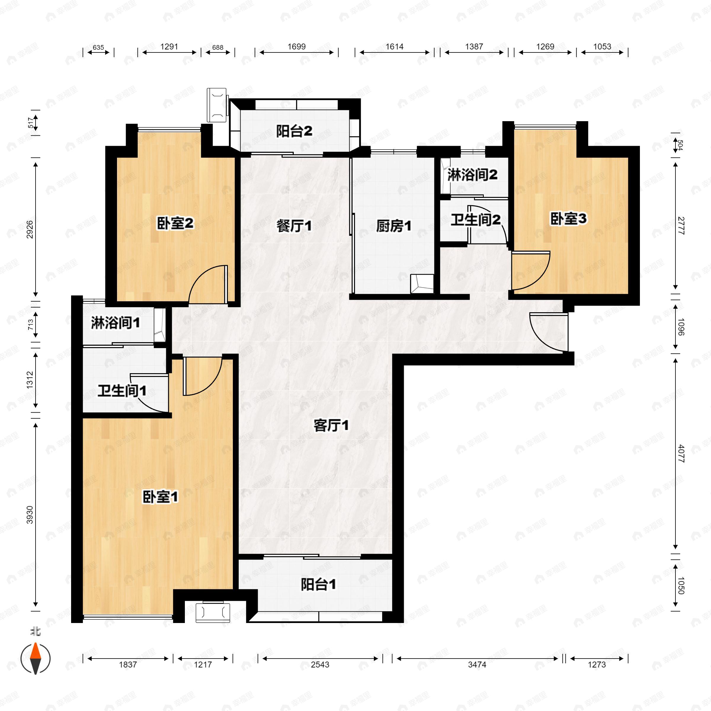 3室2厅2卫建面123m²南户型图