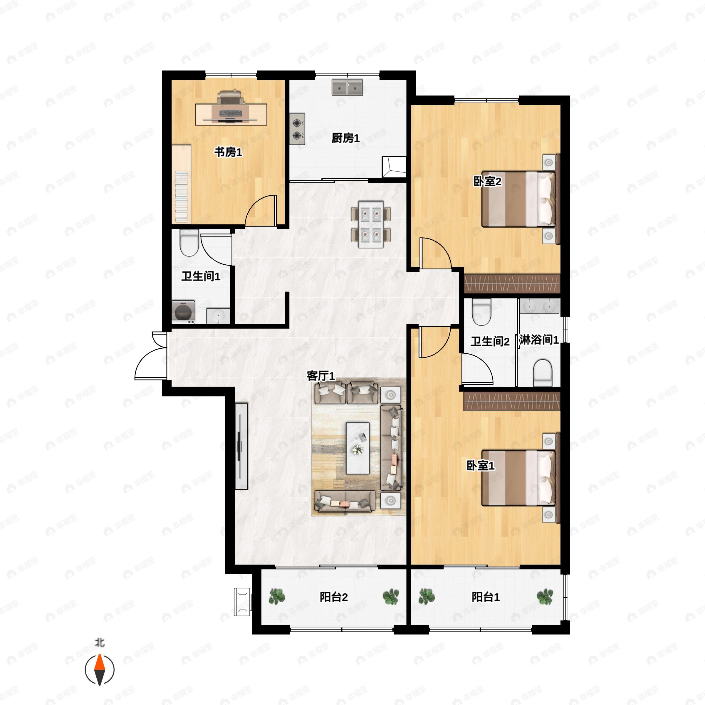 3室2厅2卫建面134平南户型图