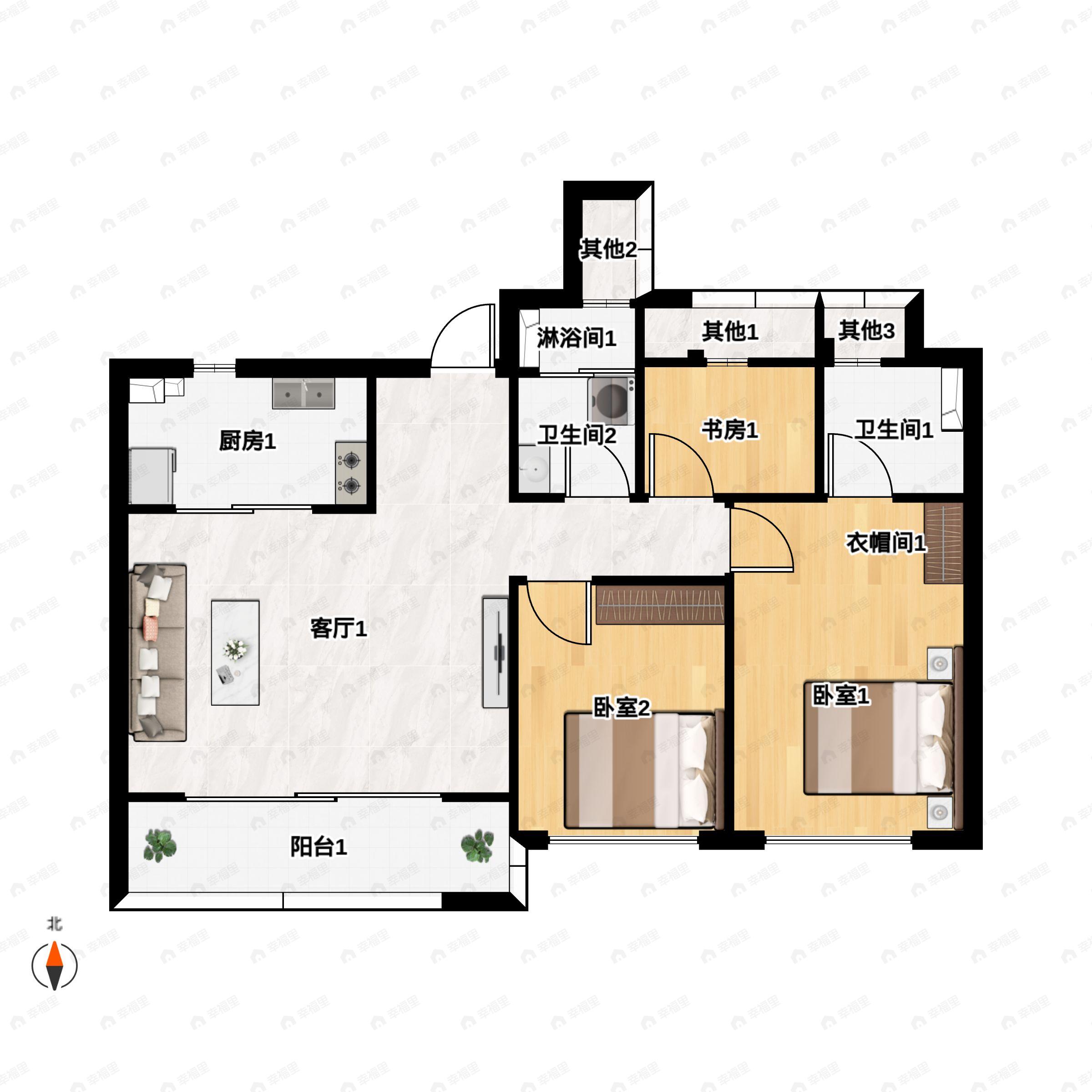 3室2厅2卫建面99m²南户型图