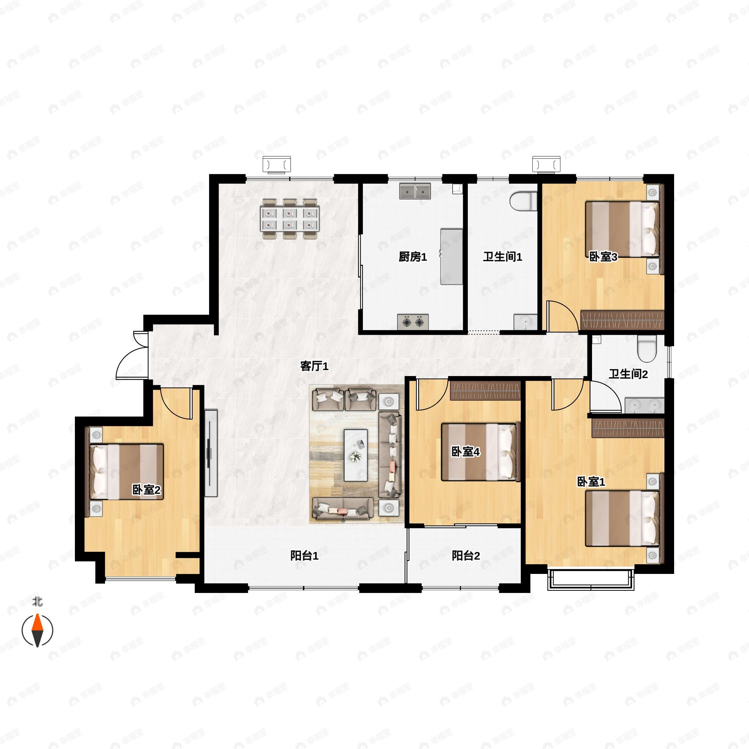 4室2厅2卫建面192平南|北户型图