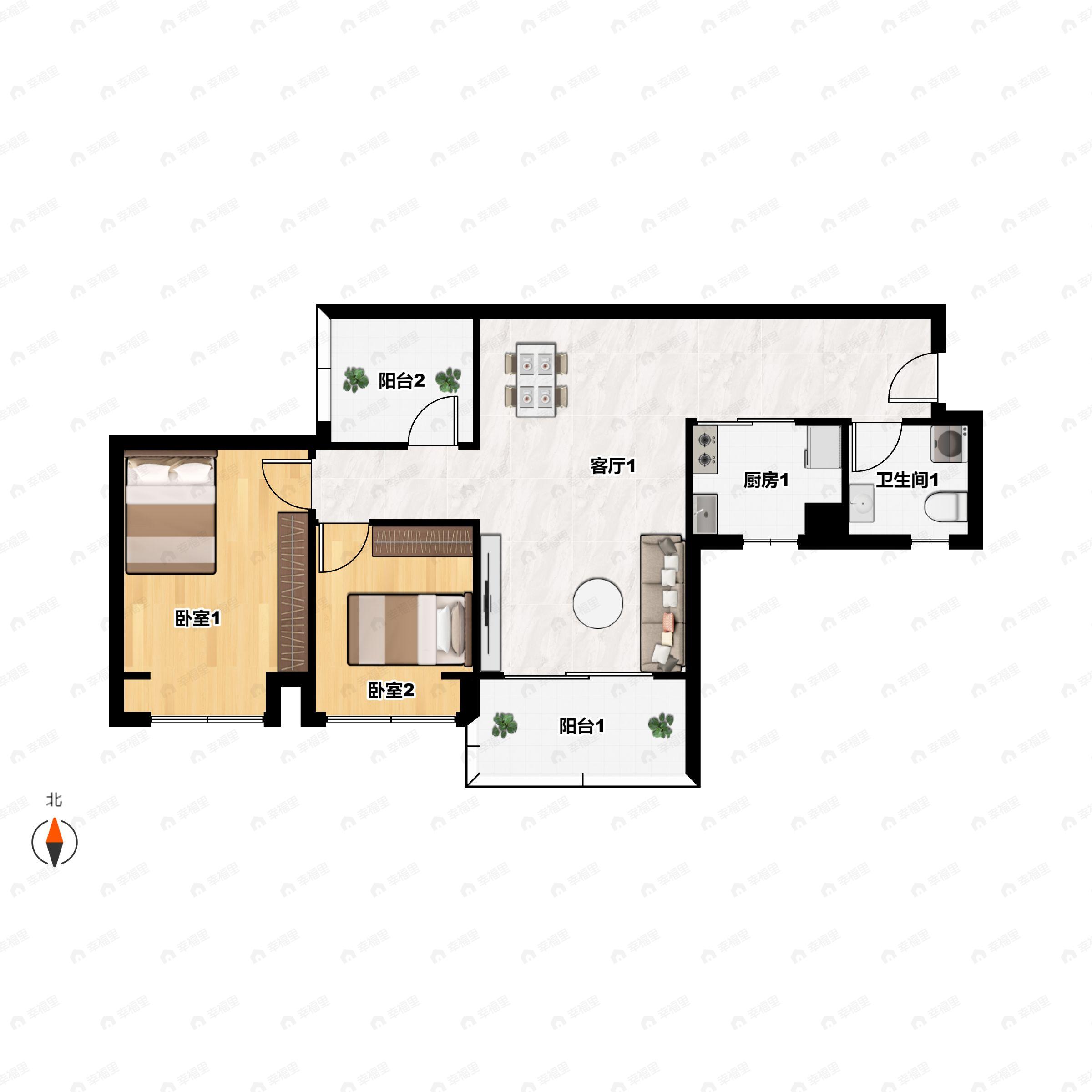 1室1厅建面5256m²北|南户型图