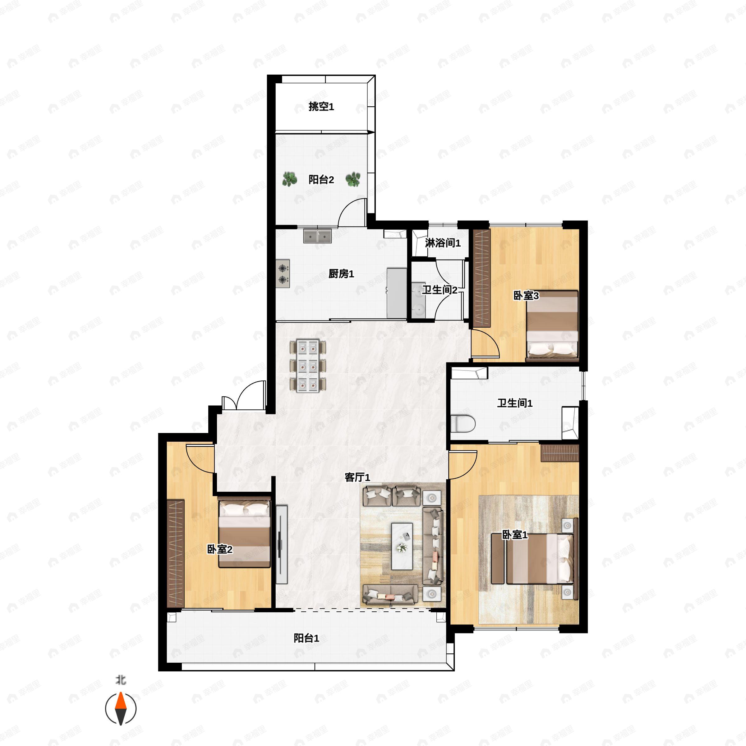 3室2厅2卫建面171m²南户型图