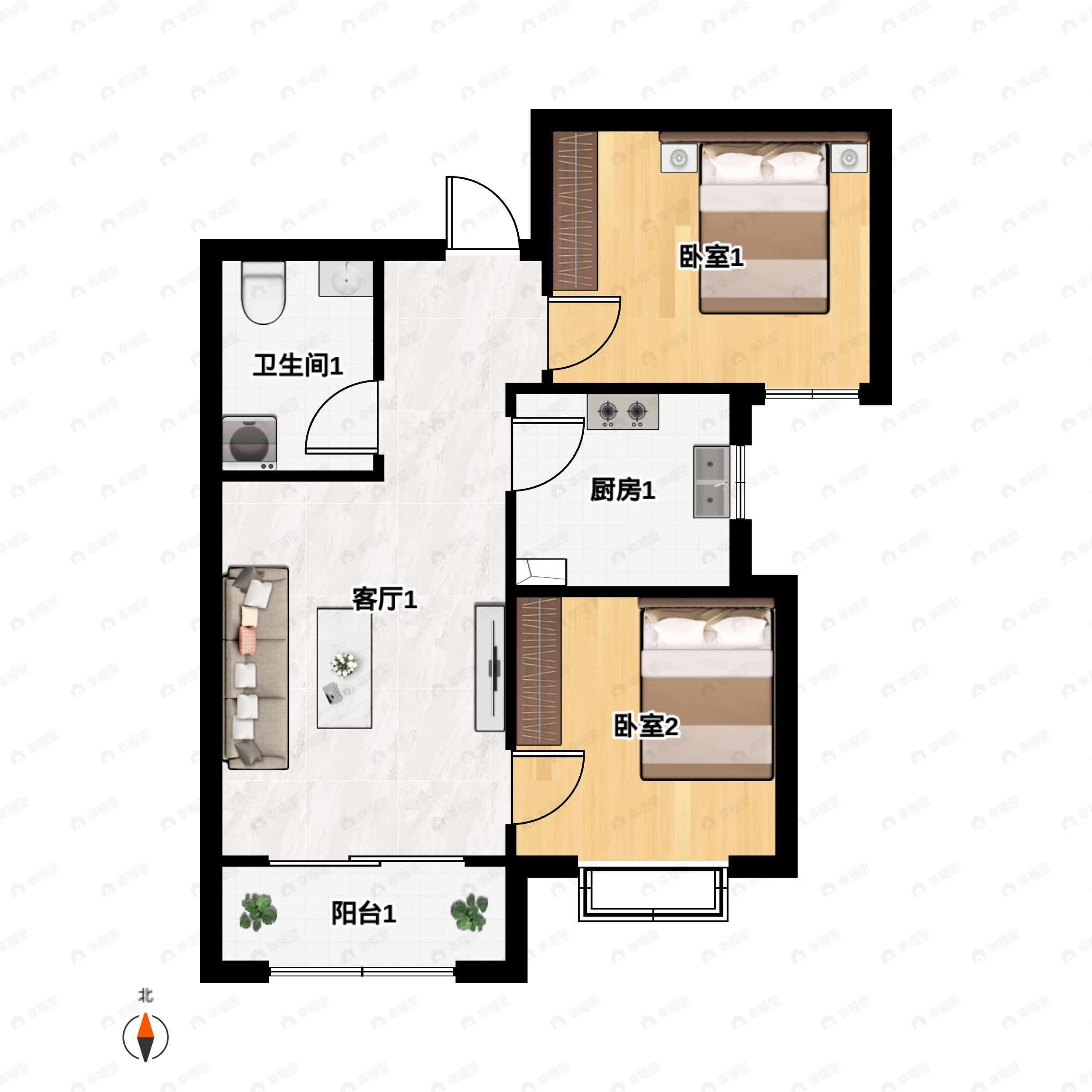 2室1厅1卫建面71m²东|南户型图