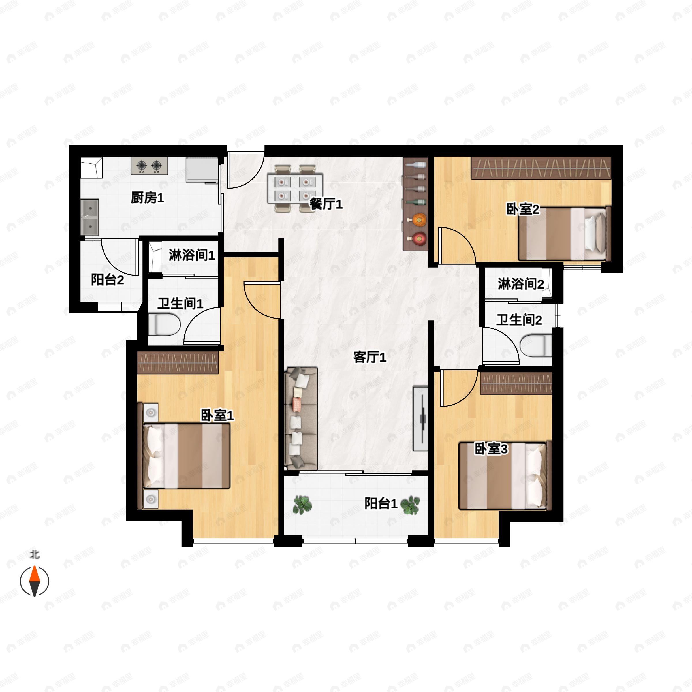 3室2厅2卫建面118m²南户型图