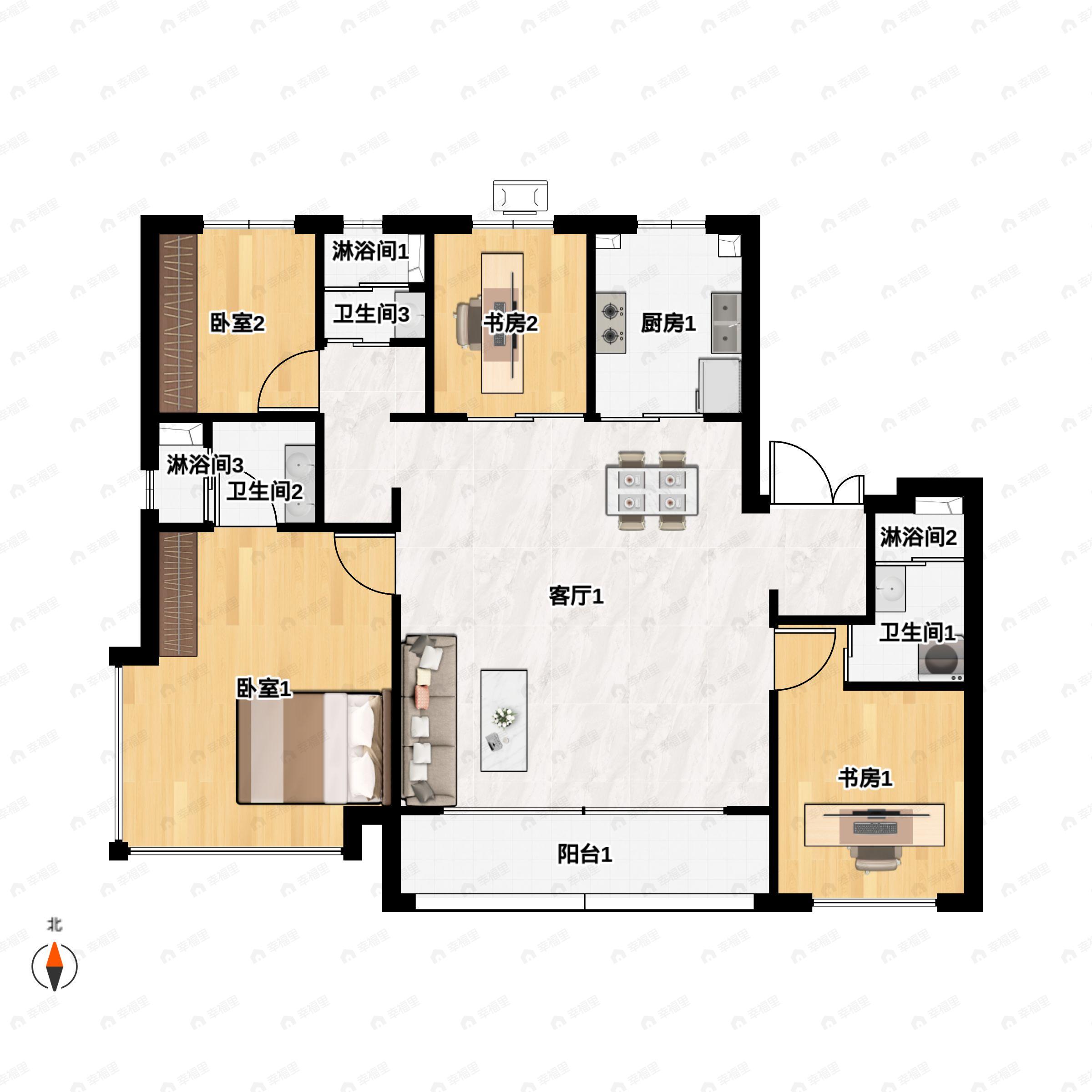 4室2厅3卫建面158m²北|西|南户型图