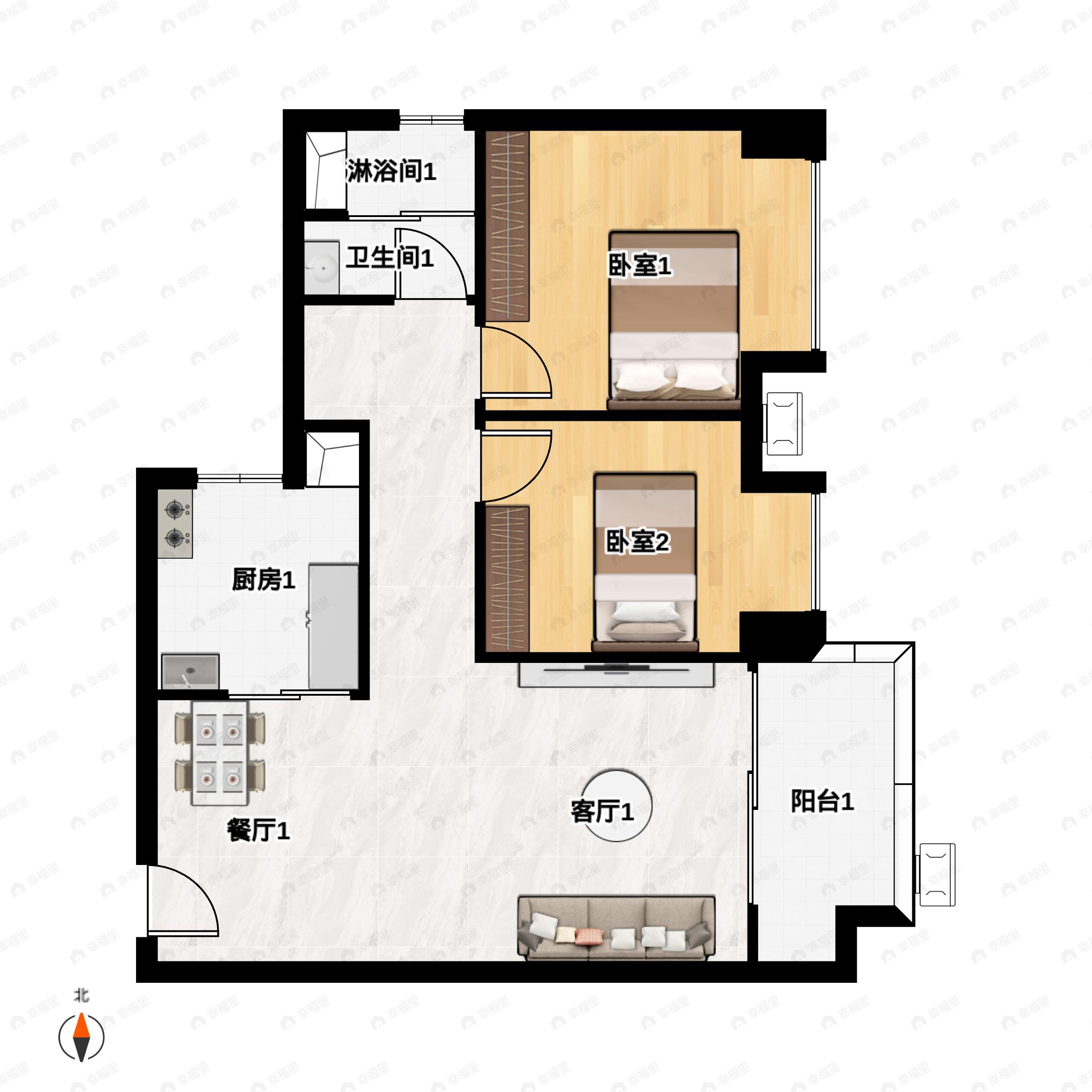 2室2厅1卫建面71平东北户型图