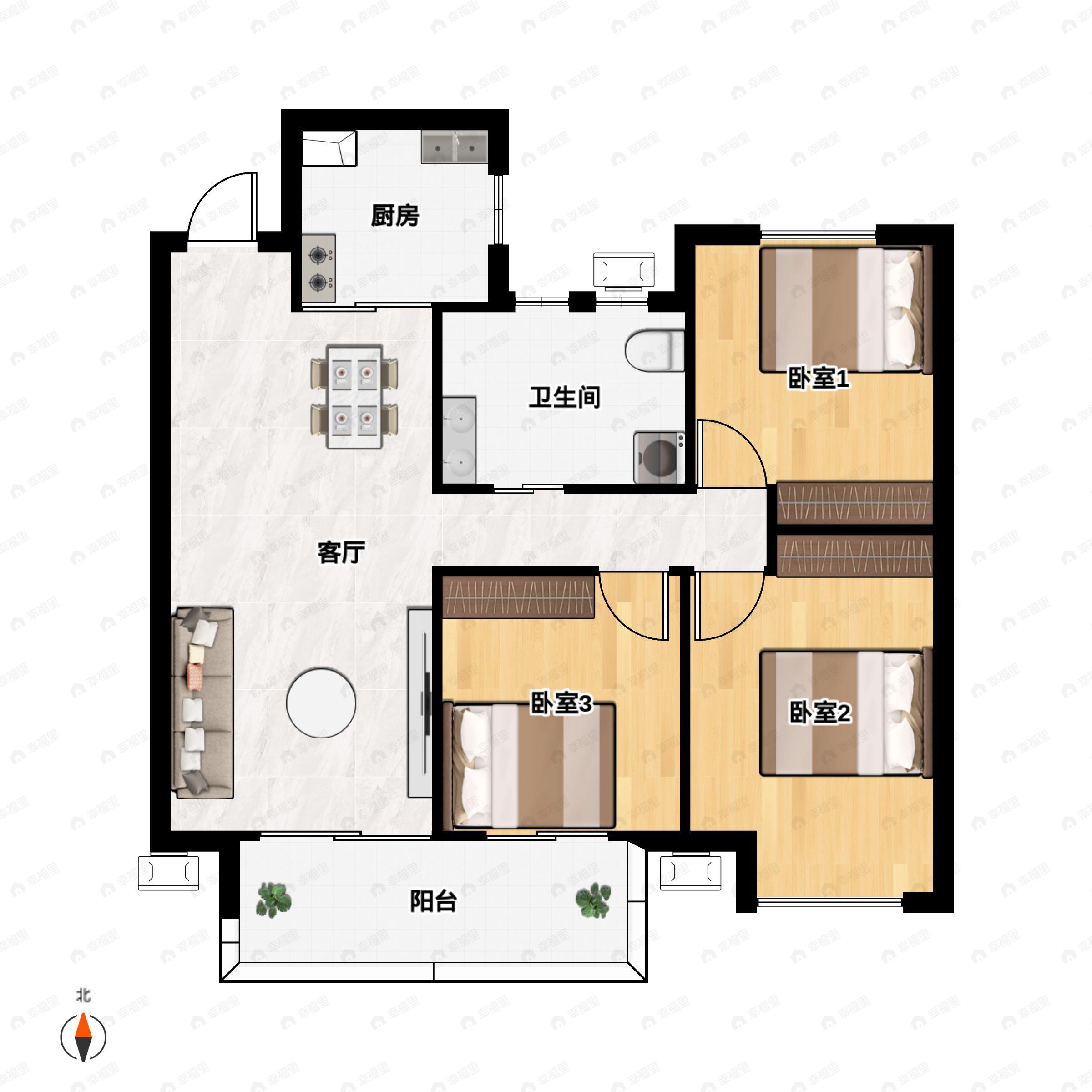3室2厅1卫建面95平南户型图