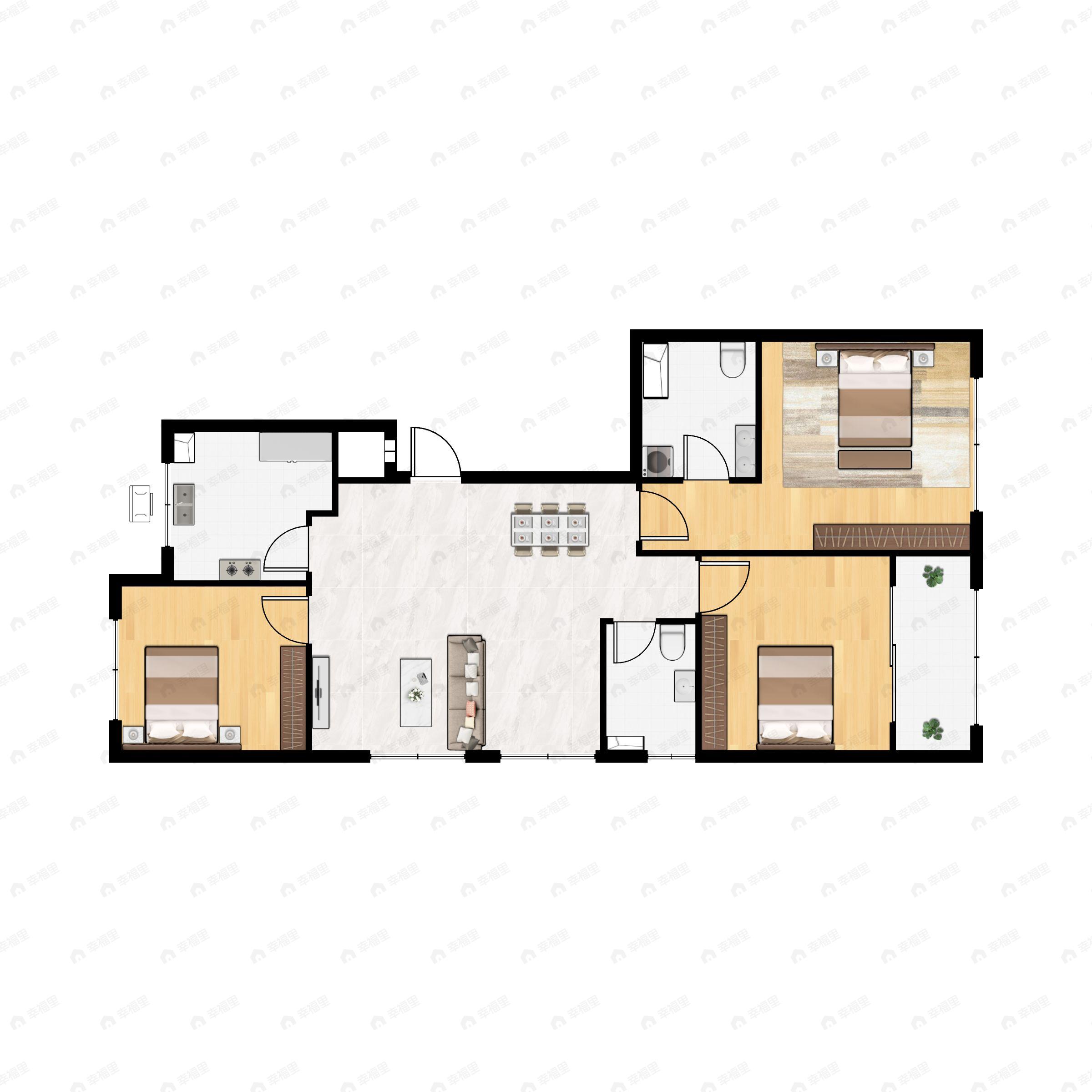 3室2厅2卫建面108m²南|北户型图