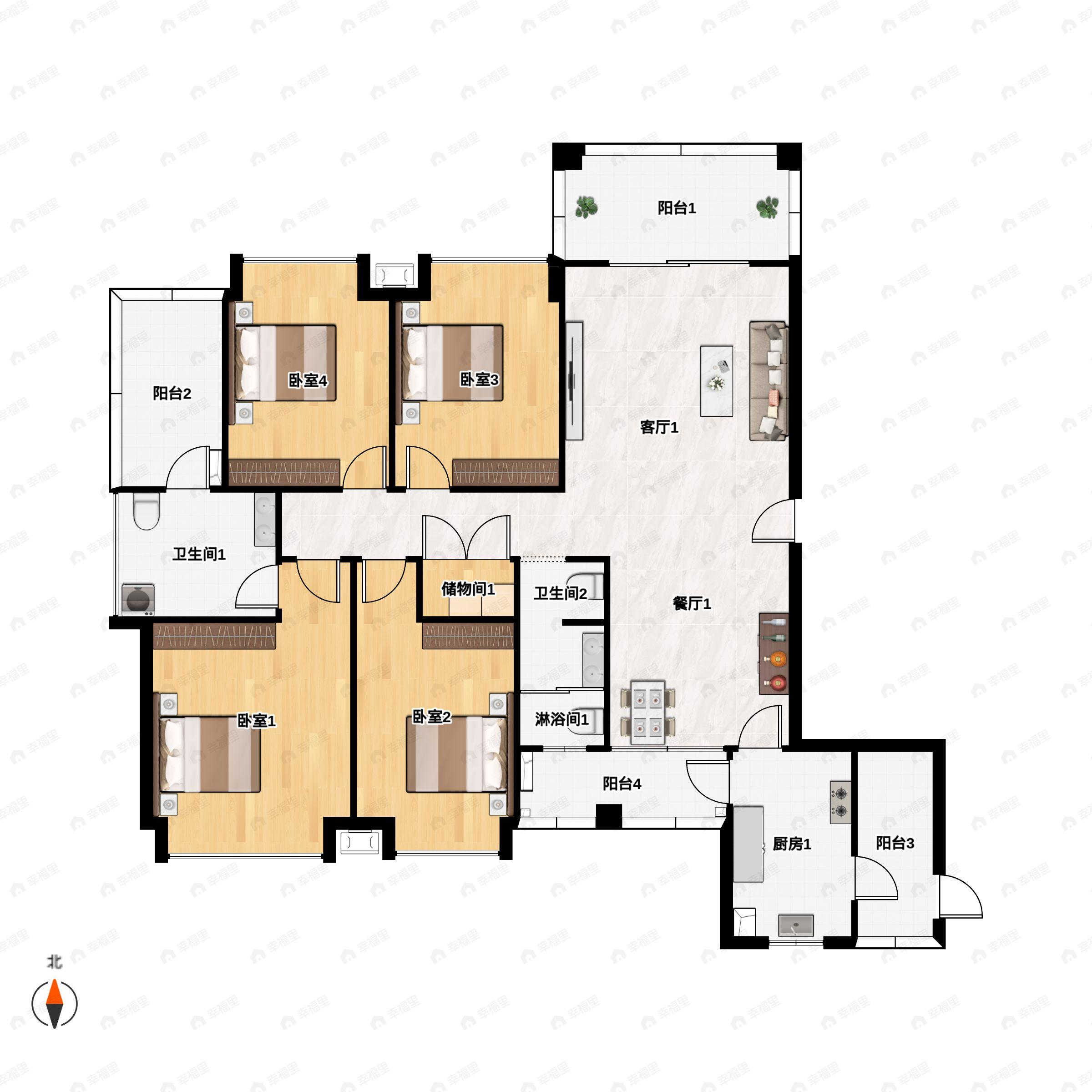 4室2厅2卫建面166m²北户型图