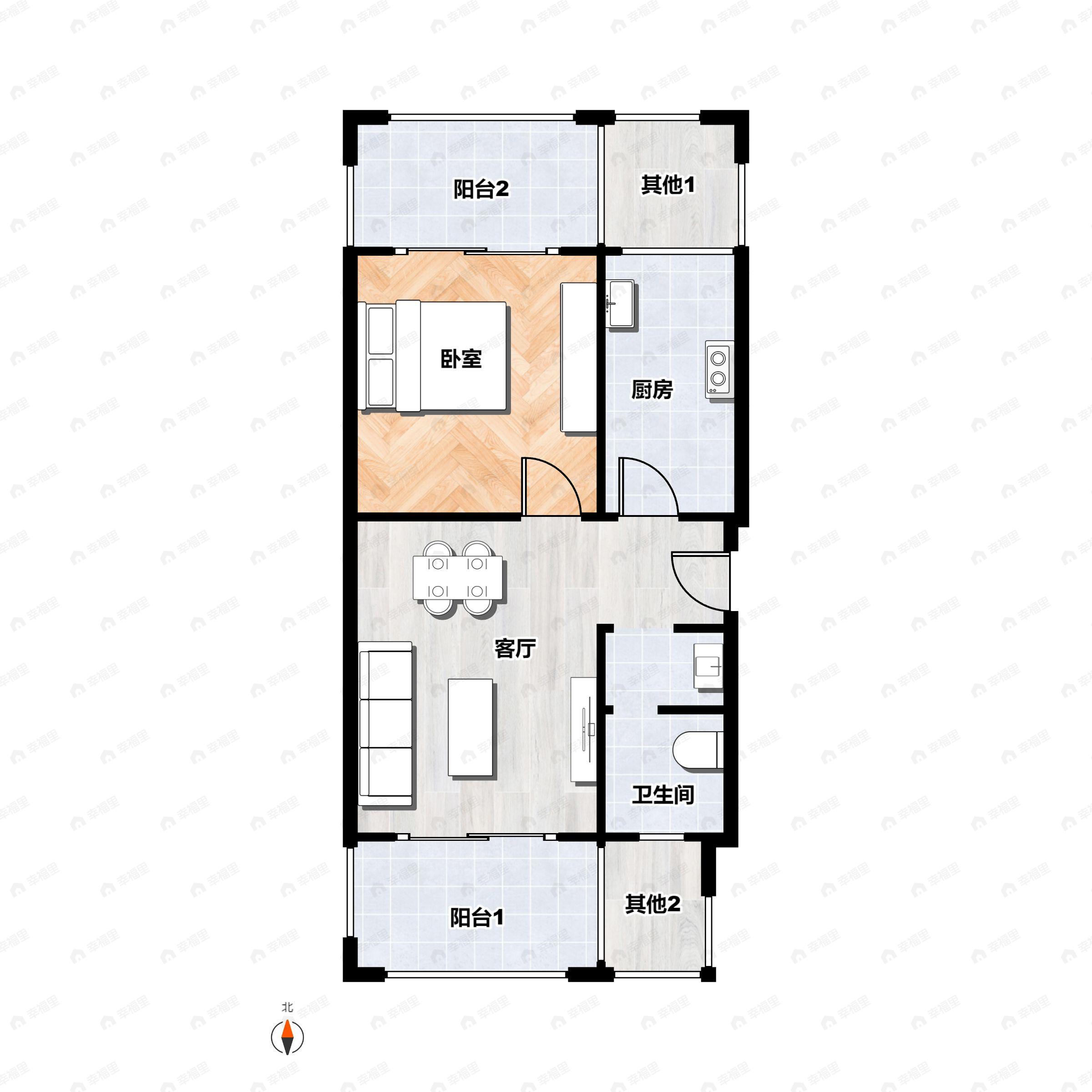 1室1厅1卫建面60m²西|东户型图