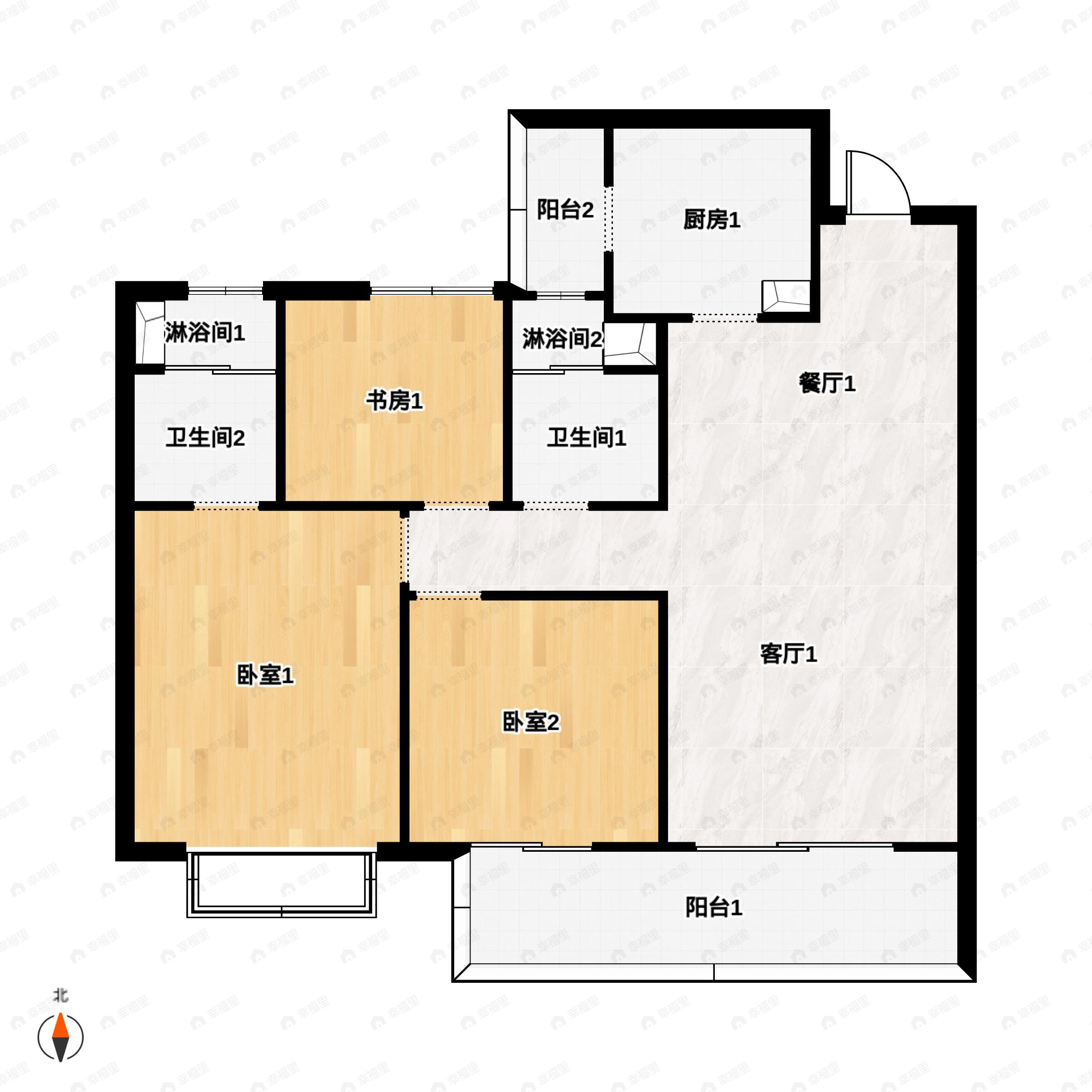 3室2厅2卫建面107m²南户型图