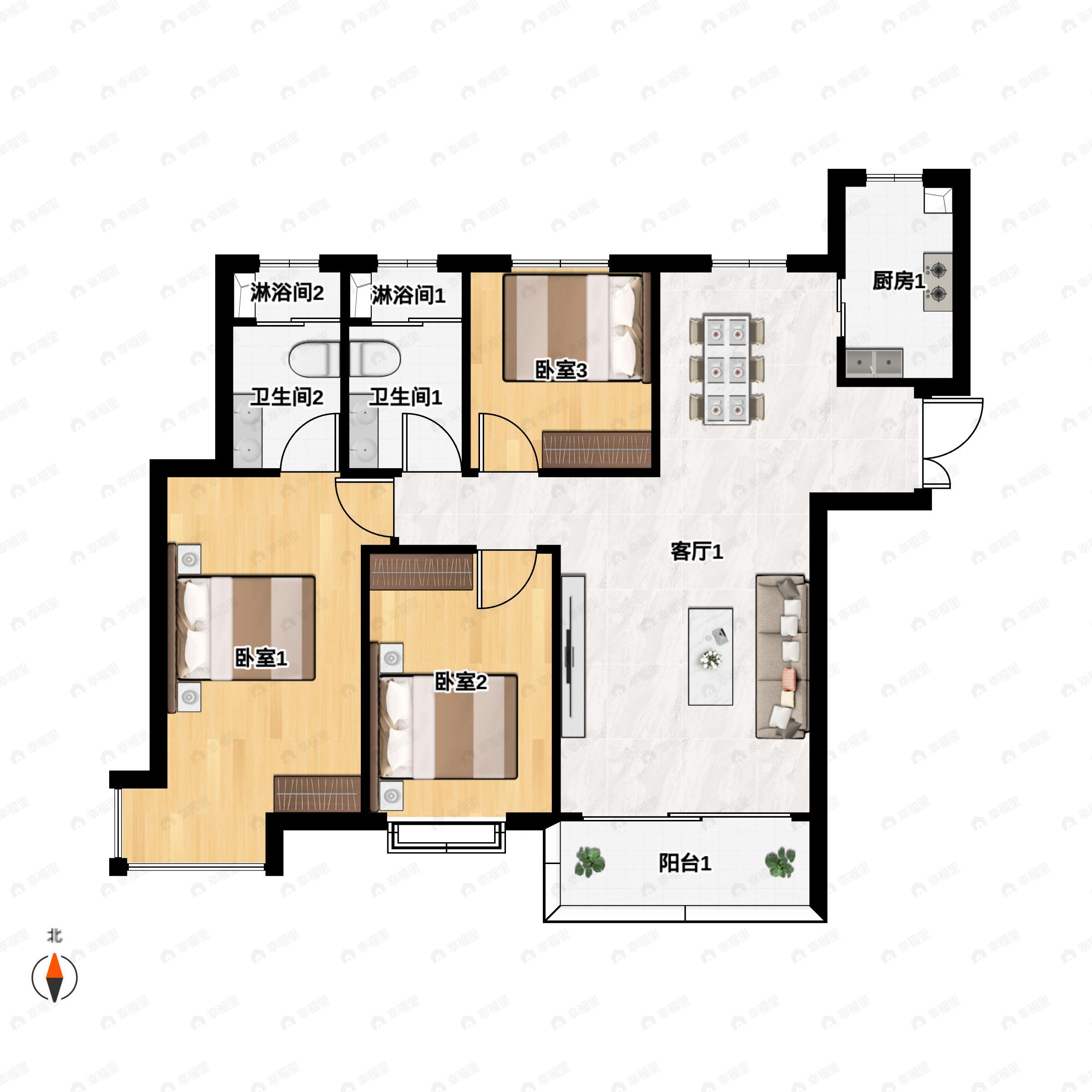 3室2厅2卫建面122平南户型图