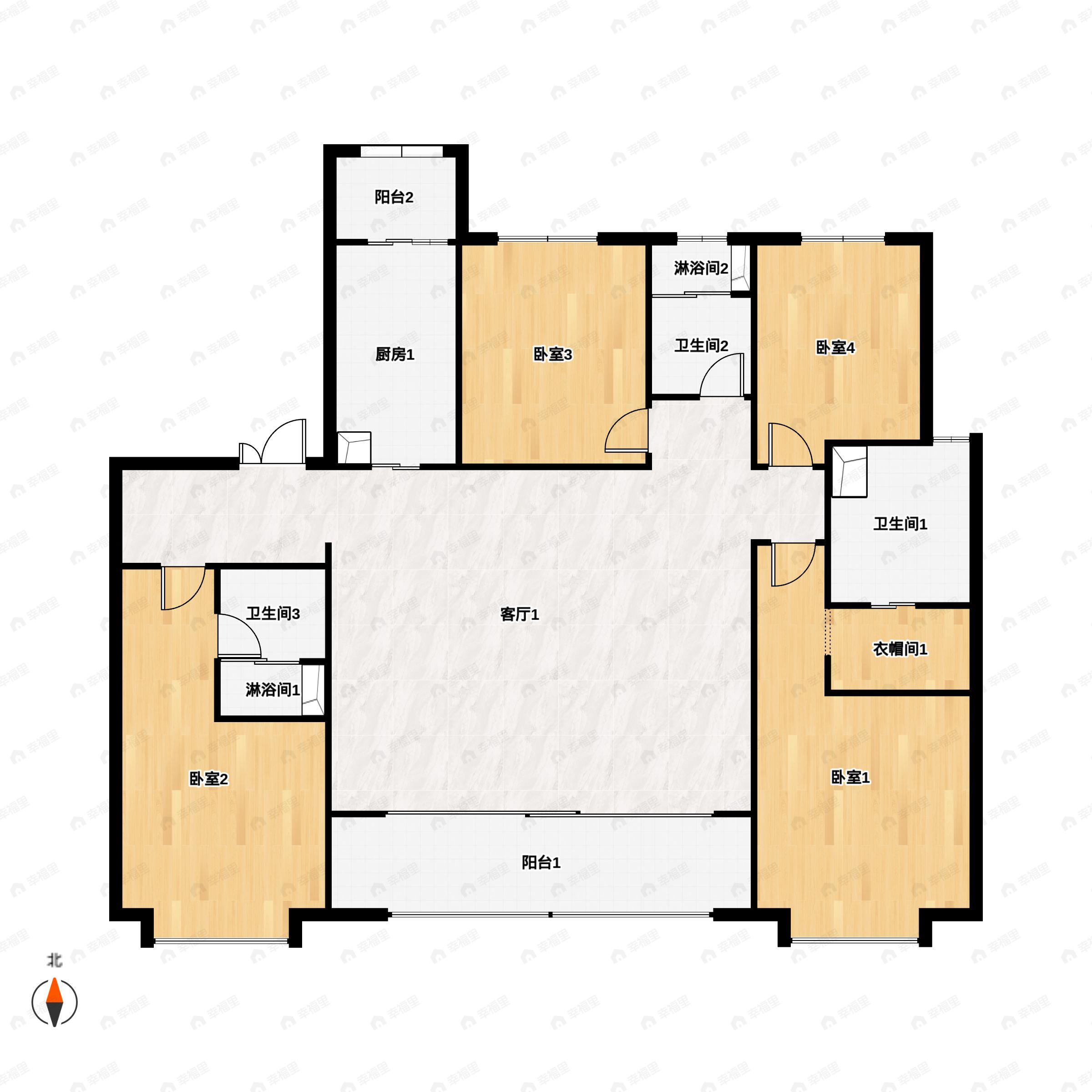 4室2厅3卫建面196平北|南户型图